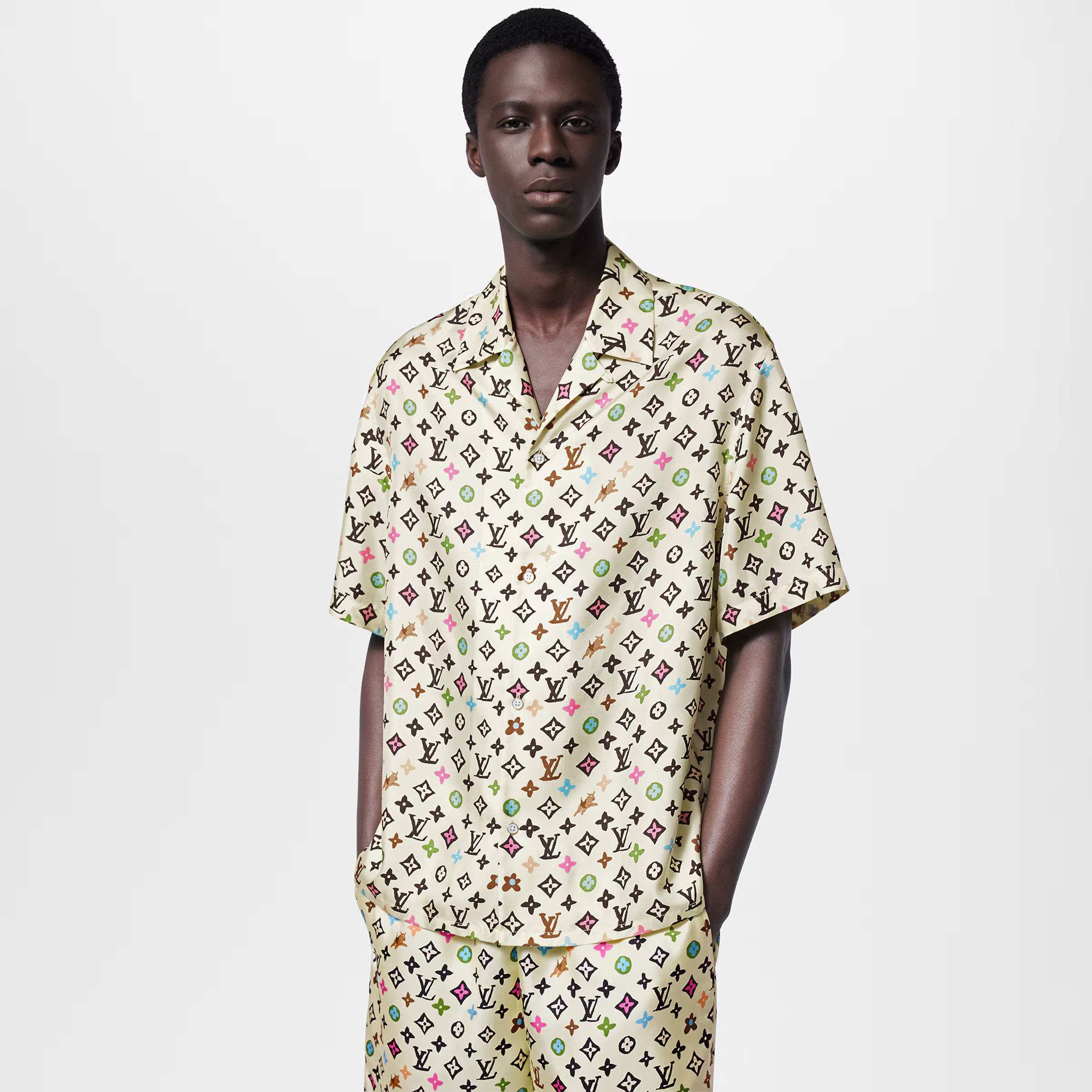 NIGO Louis Vuitton x Tyler MONOGRAM Printed Single-Breasted Mulberry Silk Loose Solid Color Summer Short Sleeve Shirt #nigo71978