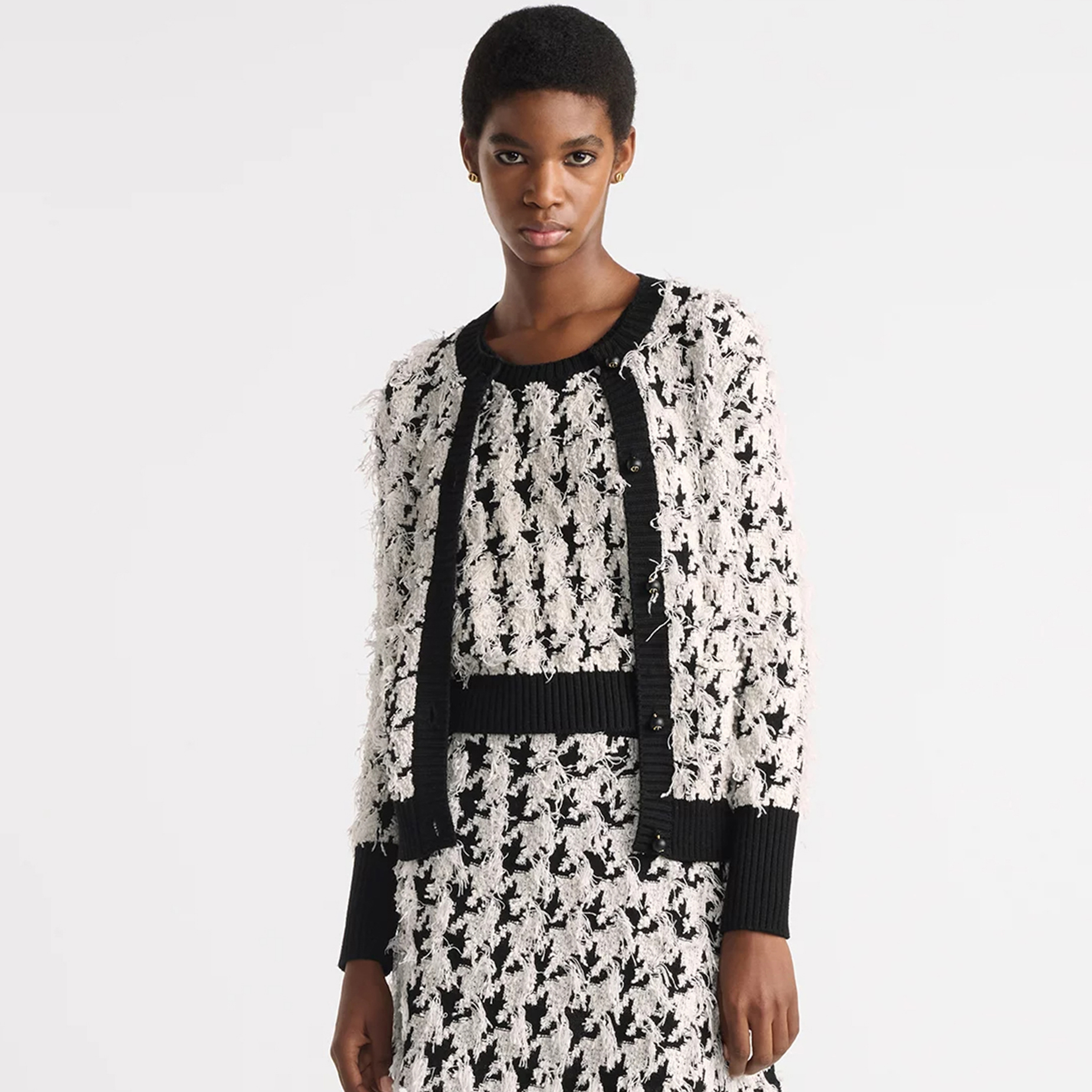 NIGO Dior Women's Spring And Autumn Black And White Houndstooth Wool And Cotton Blend Cardigan Sleeveless Round Neck Knit Vest Twinset Casual Suit Set Ngvp #nigo1369