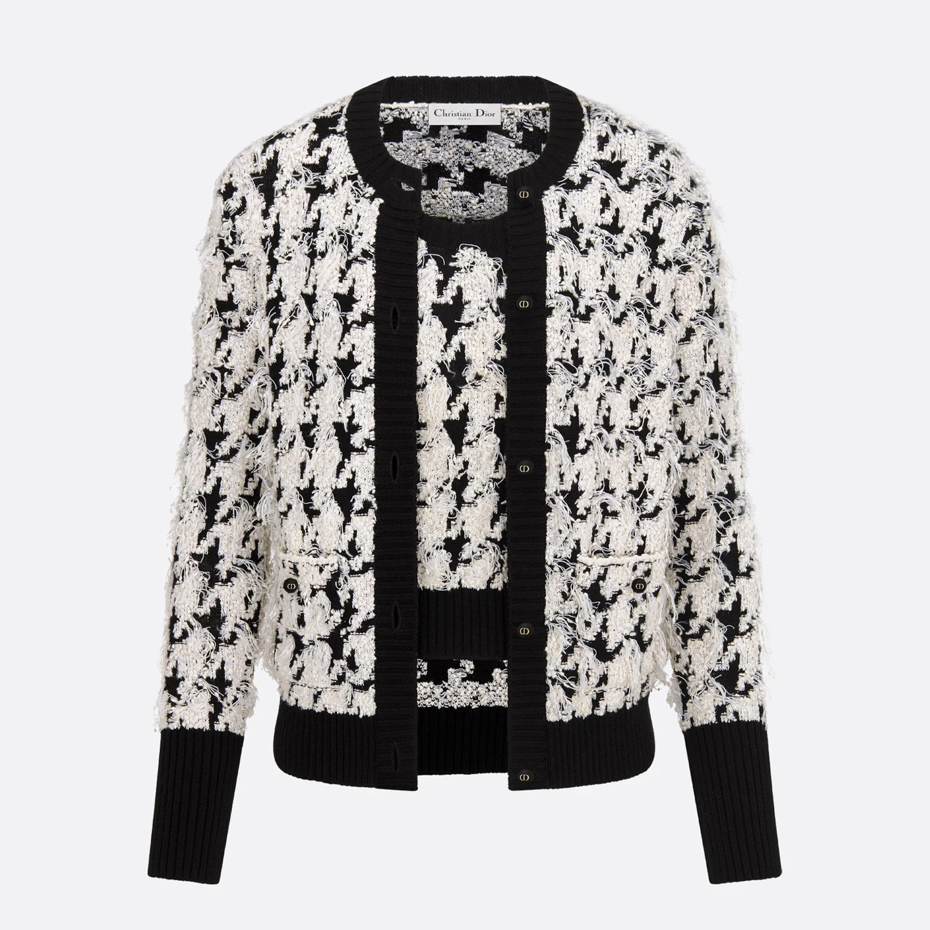 NIGO Dior Women's Spring And Autumn Black And White Houndstooth Wool And Cotton Blend Cardigan Sleeveless Round Neck Knit Vest Twinset Casual Suit Set Ngvp #nigo1369