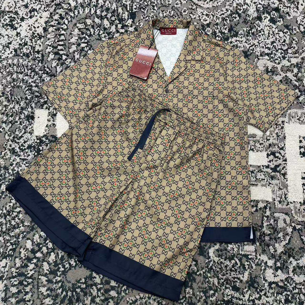 NIGO Gucci Men's Summer Logo Full Print Single Breasted Short Sleeve Shirt Stretch Waist Casual Shorts Set Suit #nigo75811