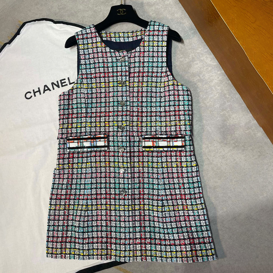 NIGO Chanel Women's Multicolor Embroidered Striped Check Cotton Tweed Round Neck Sleeveless Vest Dress Ngvp #nigo1368
