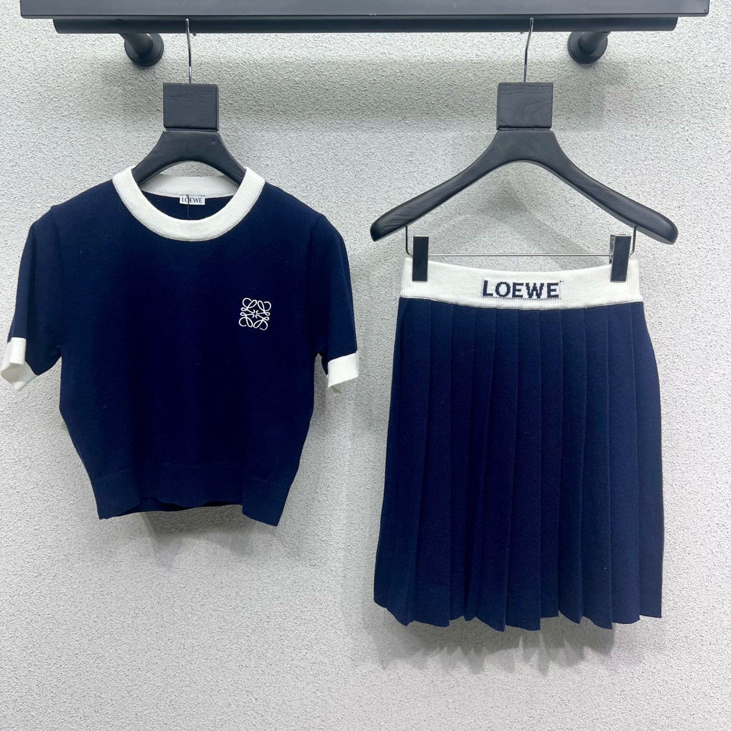 NIGO Loewe Women's Summer Clashing Color Round Neck Wool Knit Short Sleeve T-Shirt Top Half Body Skirt Set Suit #nigo75919