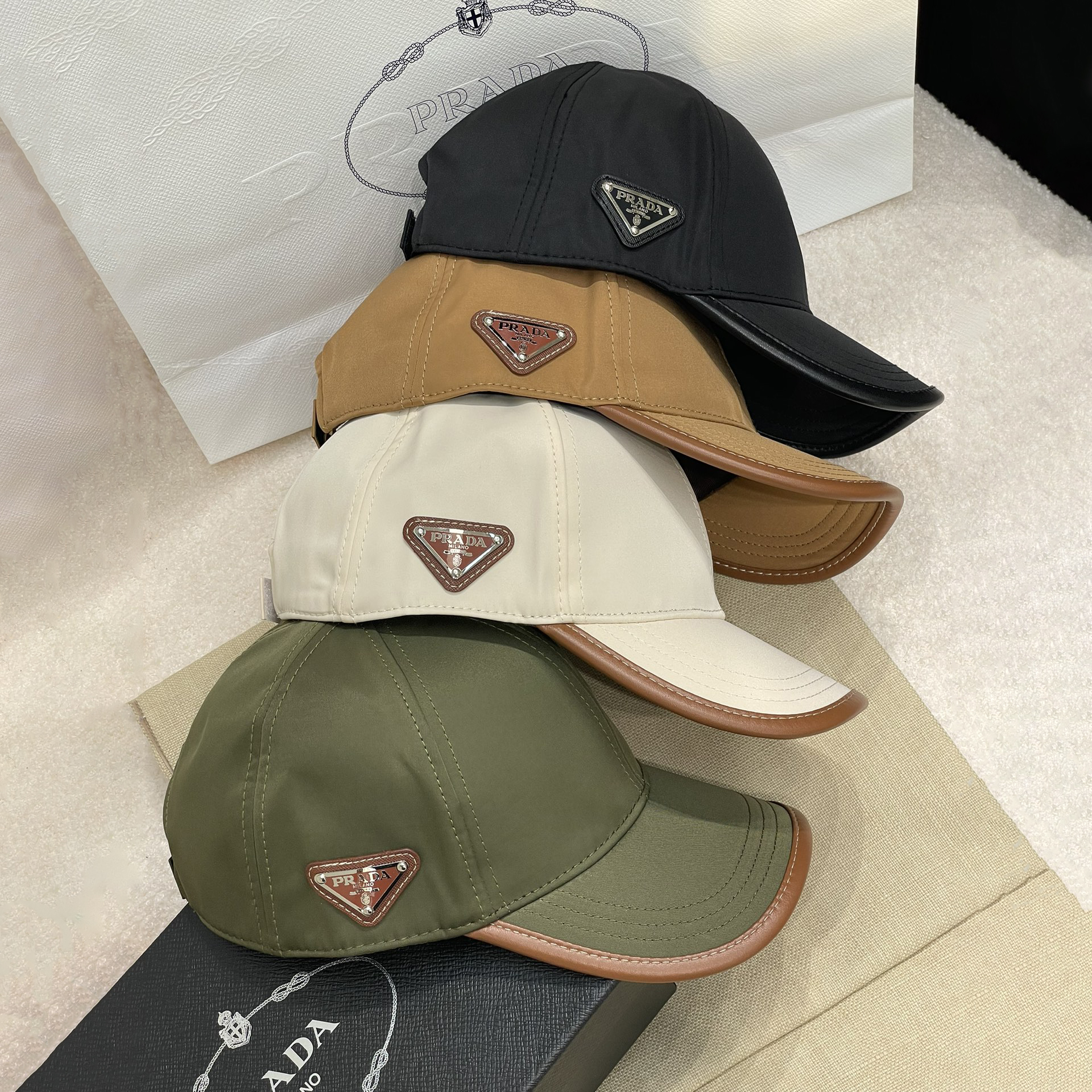 NIGO Prada Men's Metal Triangle Label Logo Solid Color Nylon Patchwork Leather Baseball Cap Hat #nigo75923