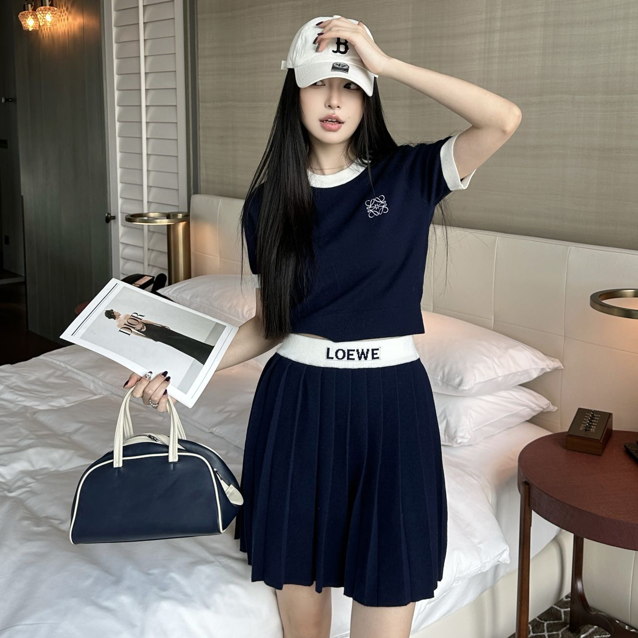 NIGO Loewe Women's Summer Clashing Color Round Neck Wool Knit Short Sleeve T-Shirt Top Half Body Skirt Set Suit #nigo75919