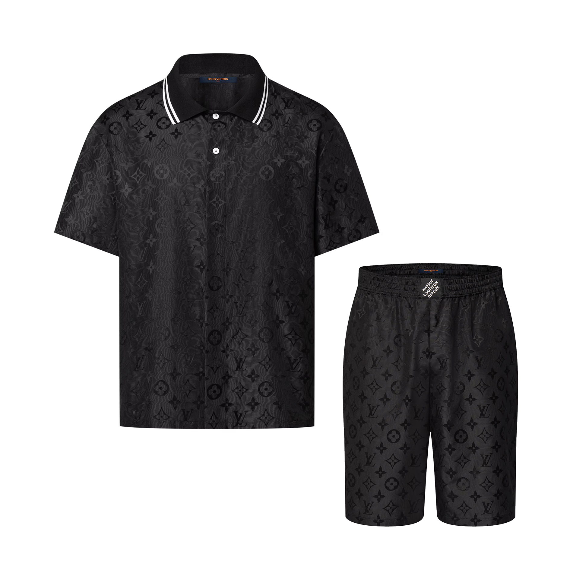 NIGO Louis Vuitton Men's Summer MONOGRAM Pure Color Wave Jacquard Mulberry Silk Short Sleeve Single Breasted Shirt Elastic Waist Casual Shorts Set Suit #nigo75912