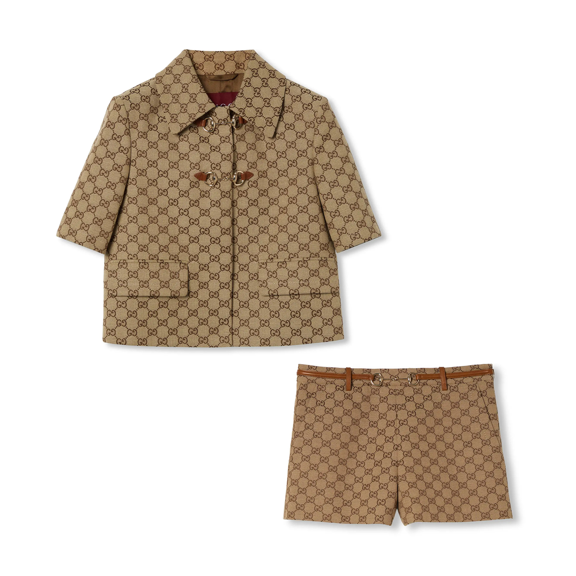NIGO Gucci Women‘s Summer Logo Jacquard Lapel Horsebit Button Canvas Short Sleeve Jacket Casual Shorts Set Suit #nigo75917