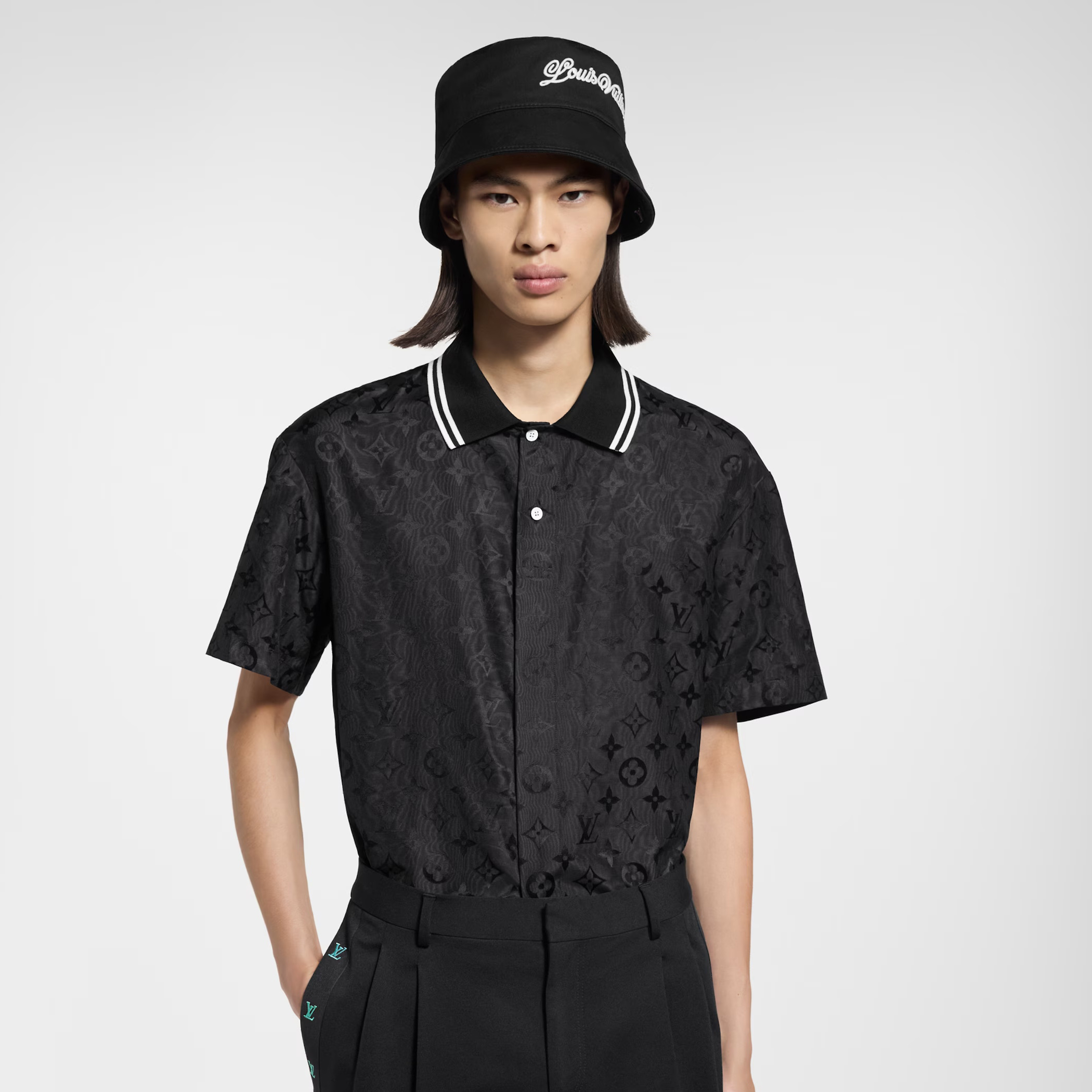 NIGO Louis Vuitton Men's Summer MONOGRAM Pure Color Wave Jacquard Mulberry Silk Short Sleeve Single Breasted Shirt Elastic Waist Casual Shorts Set Suit #nigo75912