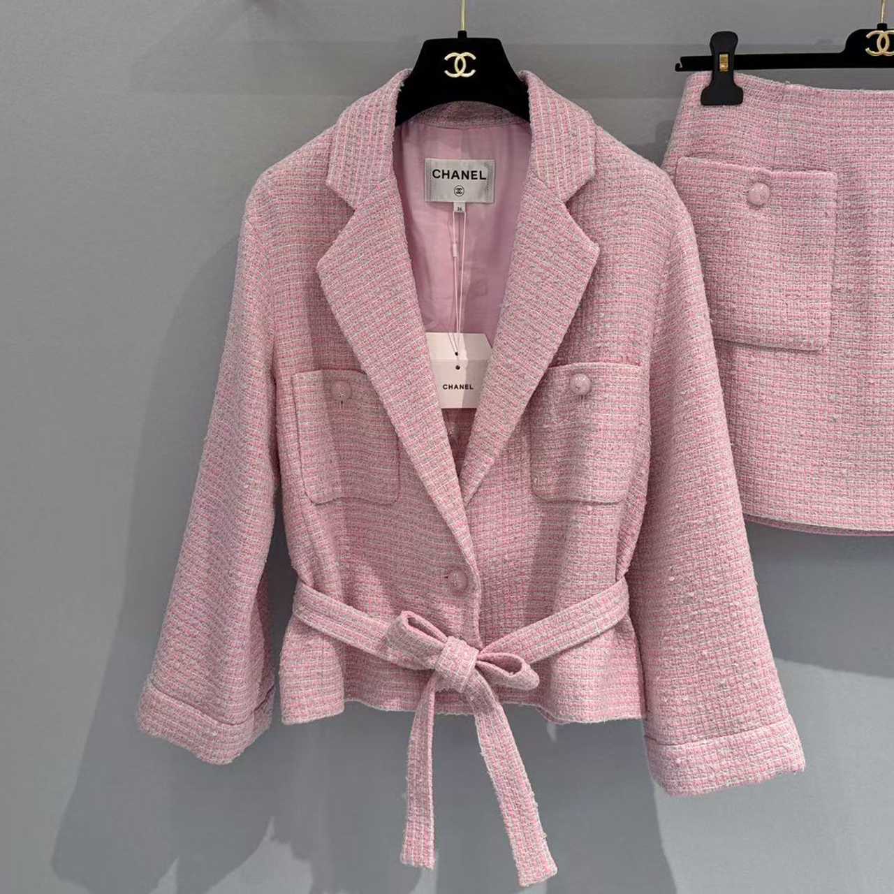 NIGO Chanel Women's Cotton Tweed Solid Color Lapel Tie Long Sleeve Jacket Spring And Autumn Casual Half Skirt Ngvp #nigo1378