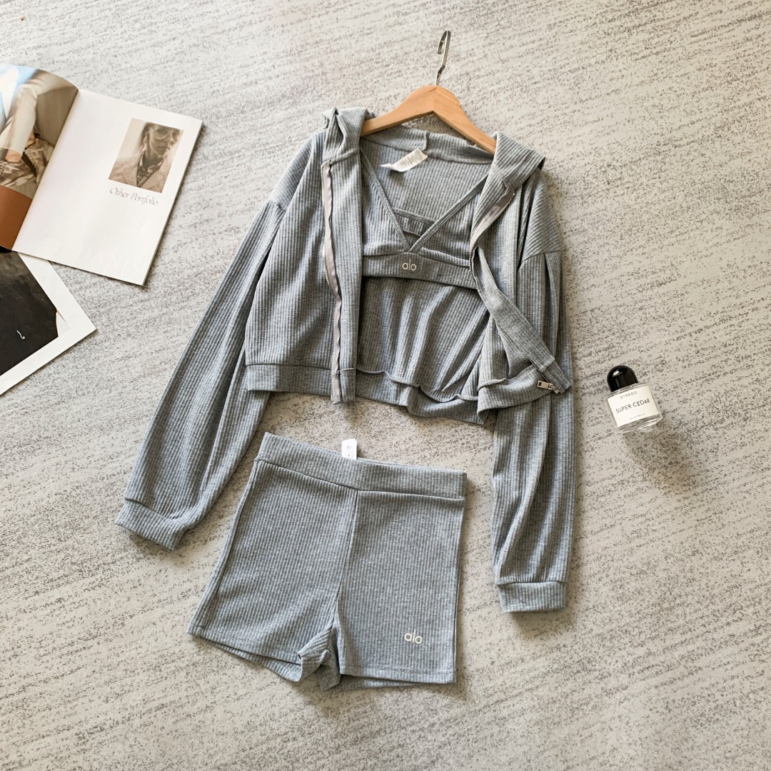 NIGO Alo Yoga Women's Spring and Summer Solid Color Casual Hooded Cardigan Sweatshirt Jakcet V-Neck Triangle Cup Corset High Waisted Shorts Three Piece Set Suit #nigo75938