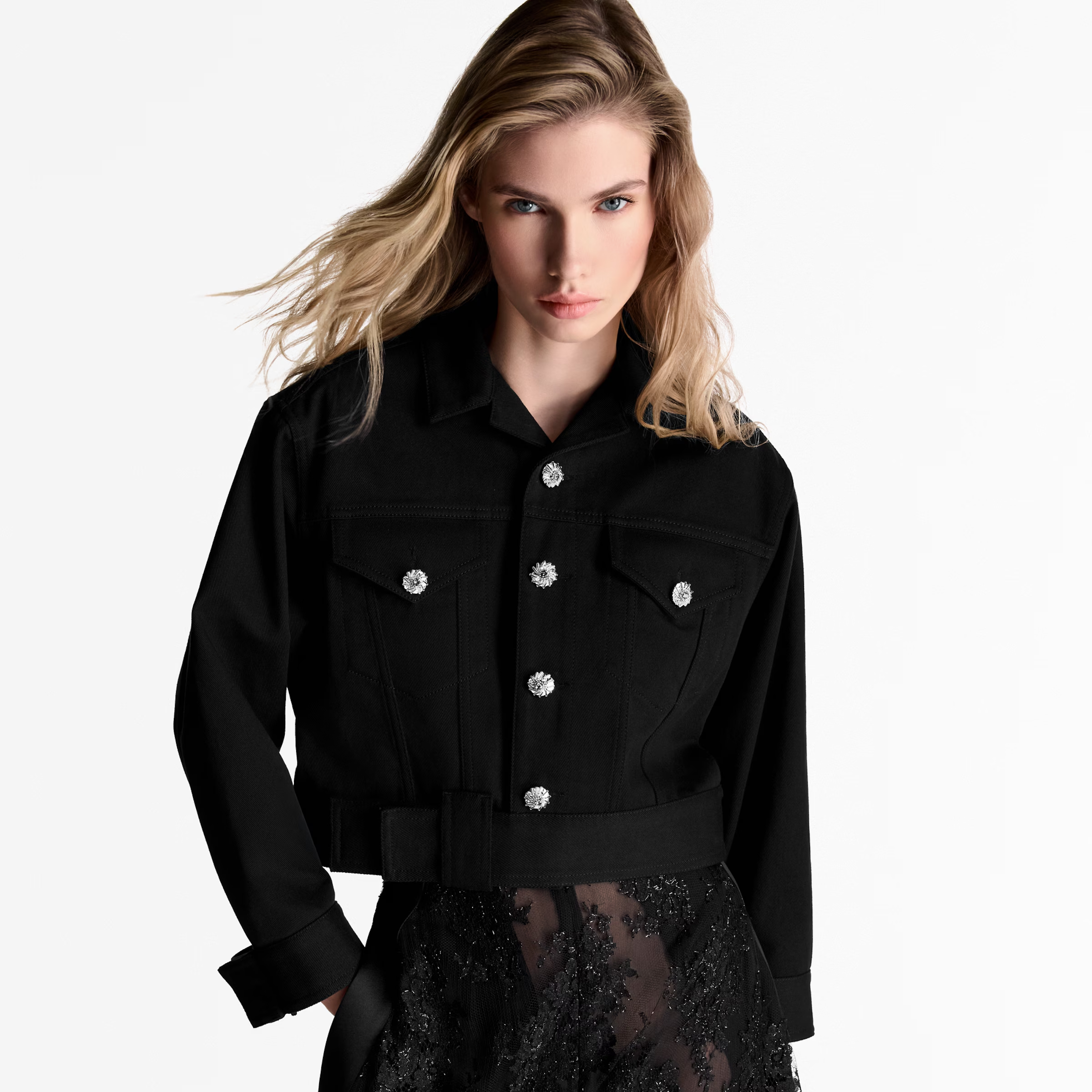 NIGO Louis Vuitton Women's Spring And Fall Black And Silver Jewelry Buttons Short Cotton Lapel Fitted Denim Jacket Ngvp #nigo1377