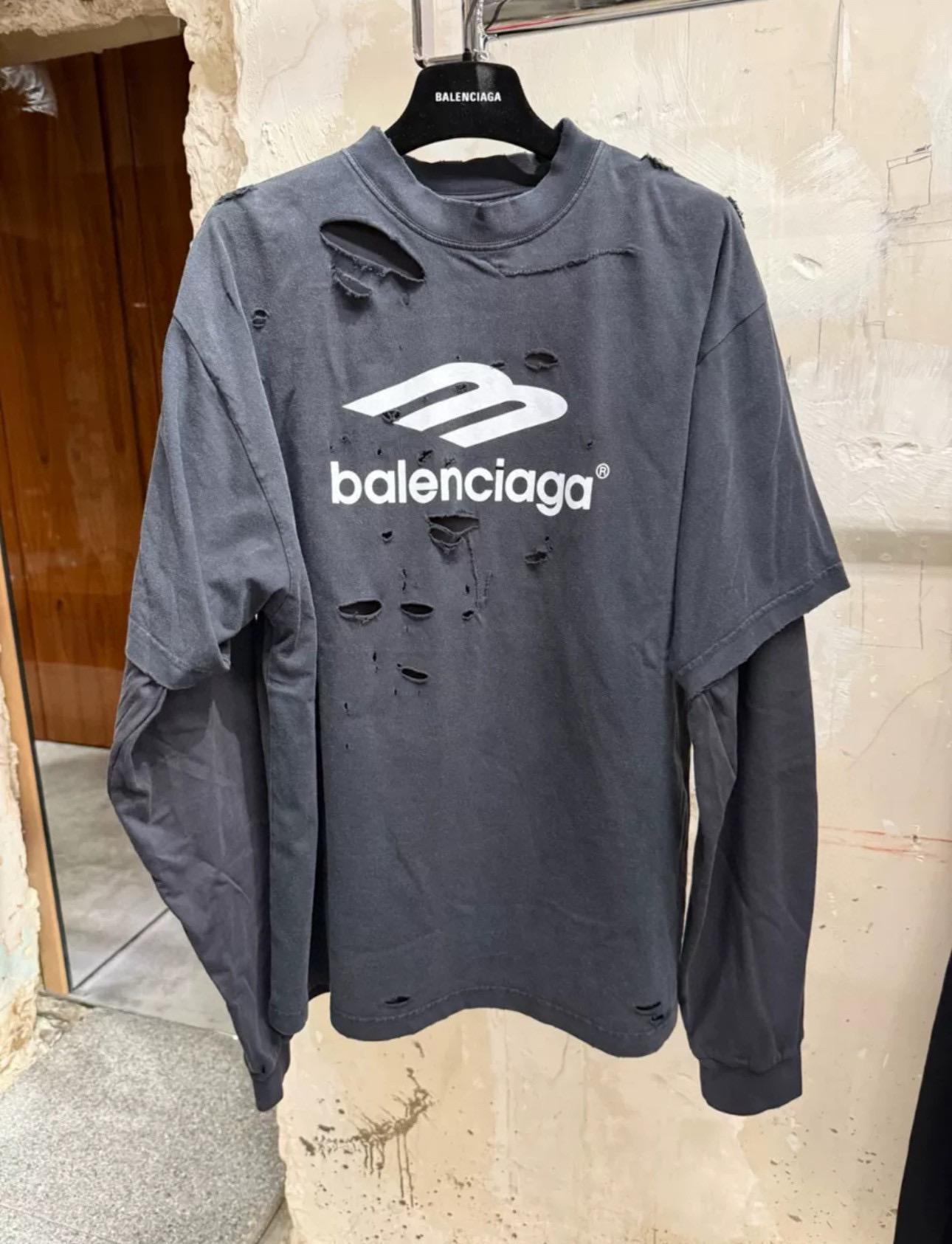 NIGO Balenciaga Men's Spring Summer 3B Sport Icon Black and Washed Black Destroyed Vintage Plain Knit Medium Fit Layered T-Shirt #nigo75966