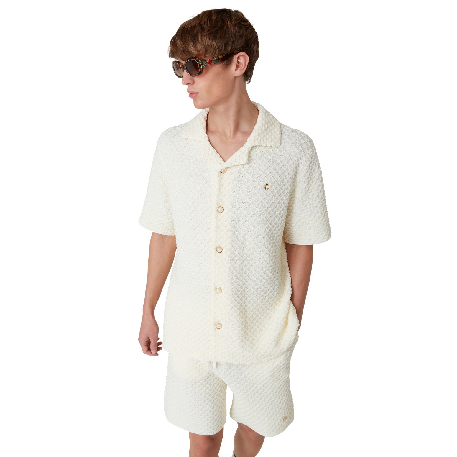 NIGO Casablanca Men's Summer Solid Color Single Breasted Knit Short Sleeve Shirt Lace Up Casual Shorts Set Suit #nigo75965