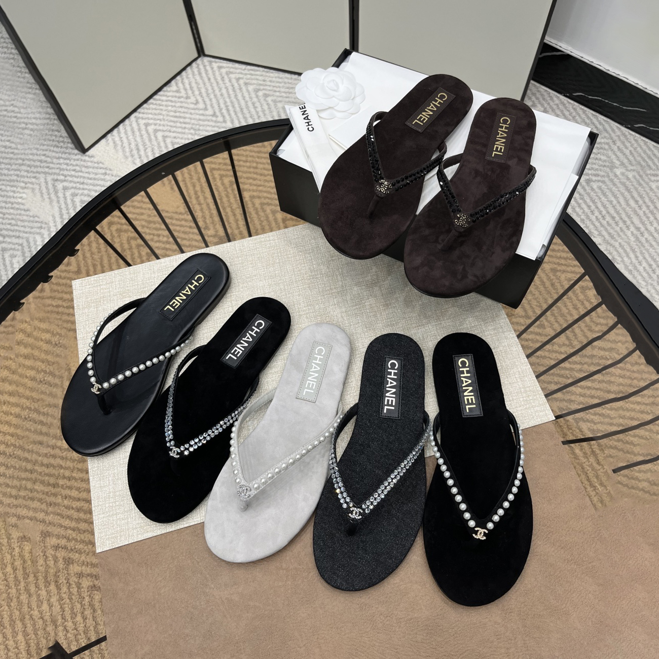 NIGO Chanel Women's Summer Round Toe Clip Toe Pearl Decoration Thong Slippers Sandals Shoes #nigo75972