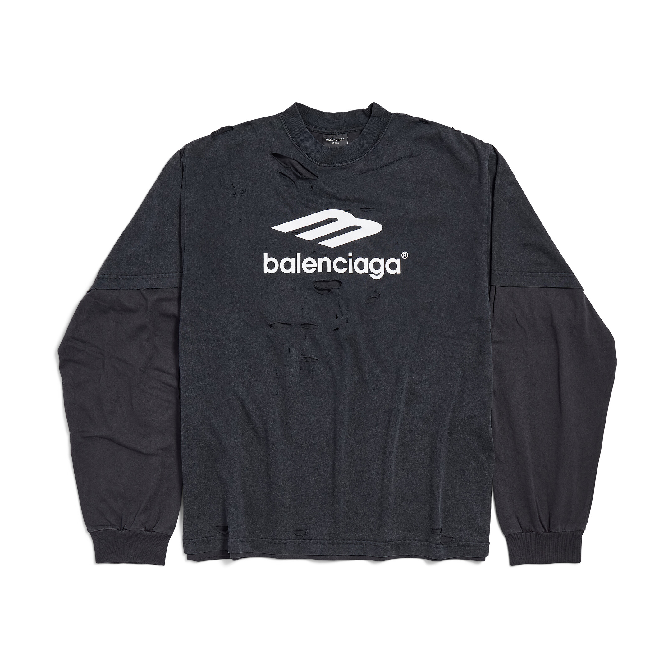 NIGO Balenciaga Men's Spring Summer 3B Sport Icon Black and Washed Black Destroyed Vintage Plain Knit Medium Fit Layered T-Shirt #nigo75966