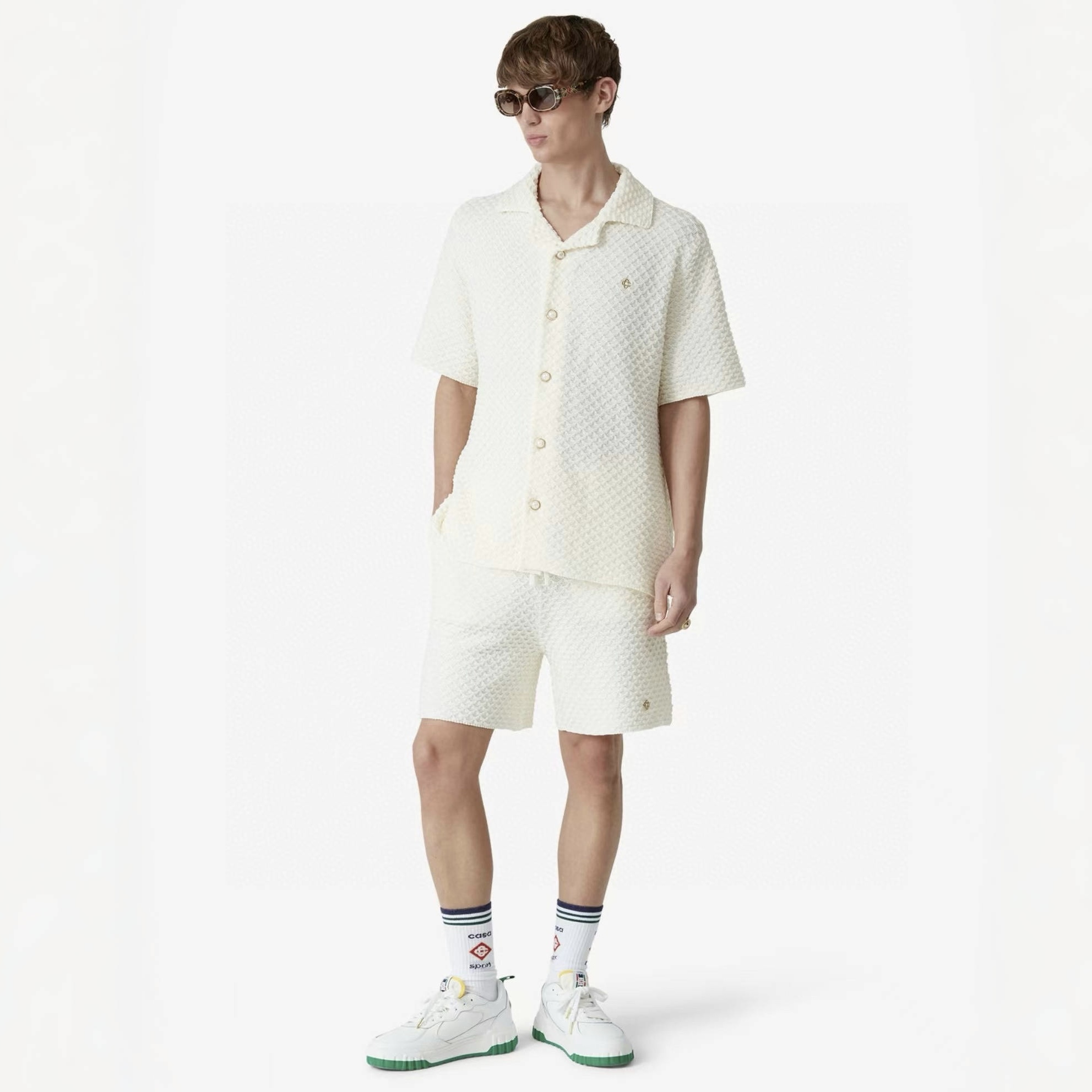 NIGO Casablanca Men's Summer Solid Color Single Breasted Knit Short Sleeve Shirt Lace Up Casual Shorts Set Suit #nigo75965