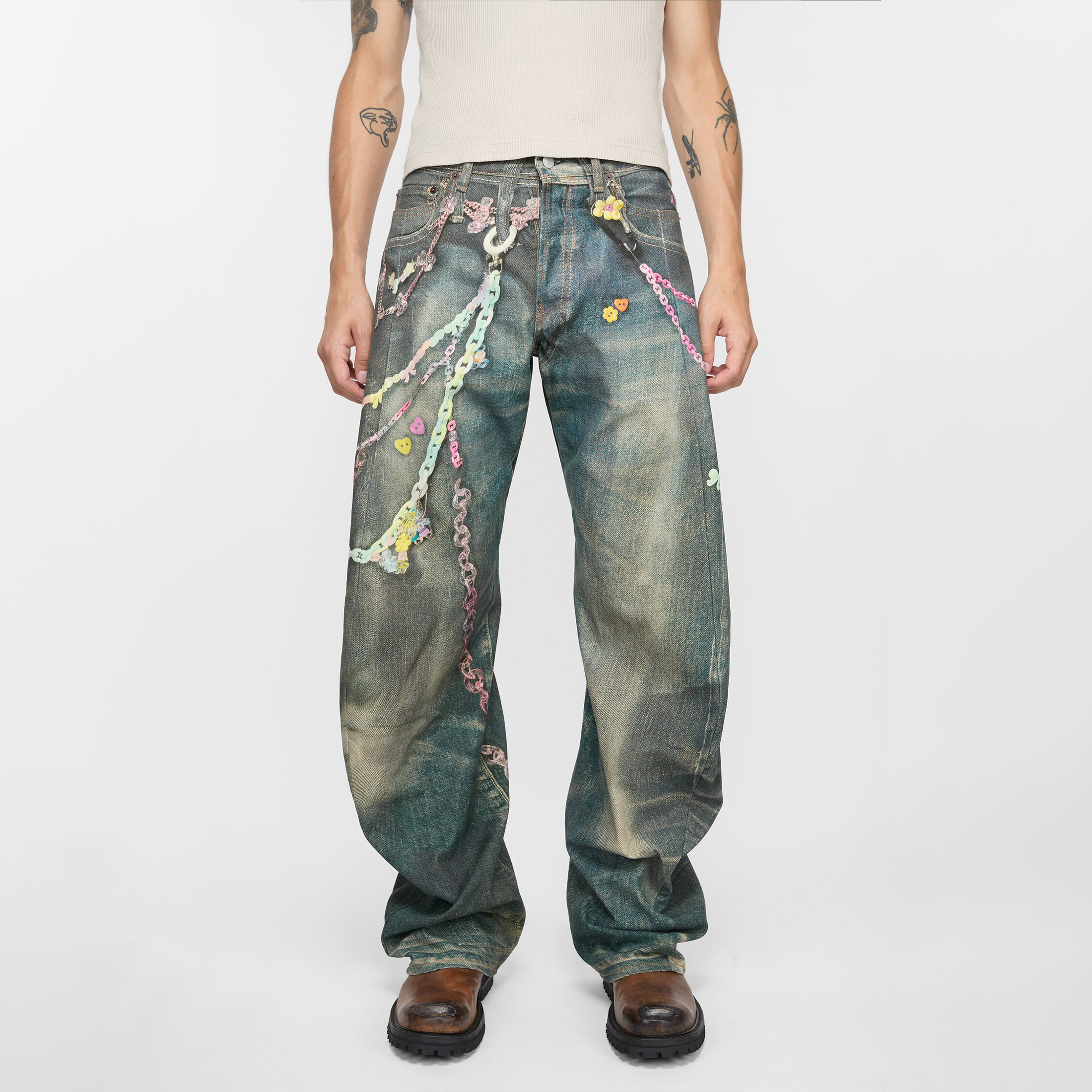 NIGO Acne Studios Men'S Women'S Four Seasons 3d Print Chain Print Loose Fit Jeans Fashion High Street Machete Pants Jeans  Ngvp #nigo1343