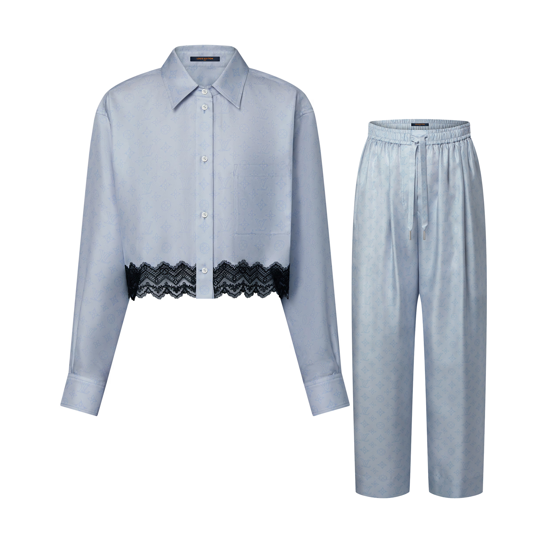 NIGO Louis Vuitton Women's Spring And Summer Solid Color Skeleton Printing Lace Trim Single Breasted Long Sleeved Silk Shirt Drawstring Tie Casual Pants Suit Set #nigo76125