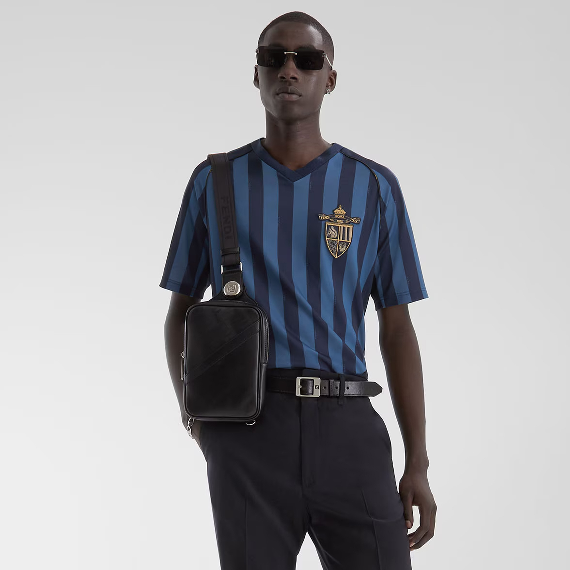 NIGO Fendi Men's Summer Badge Striped V-Neck Solid Color Straight Short Sleeve T-Shirt #nigo75996