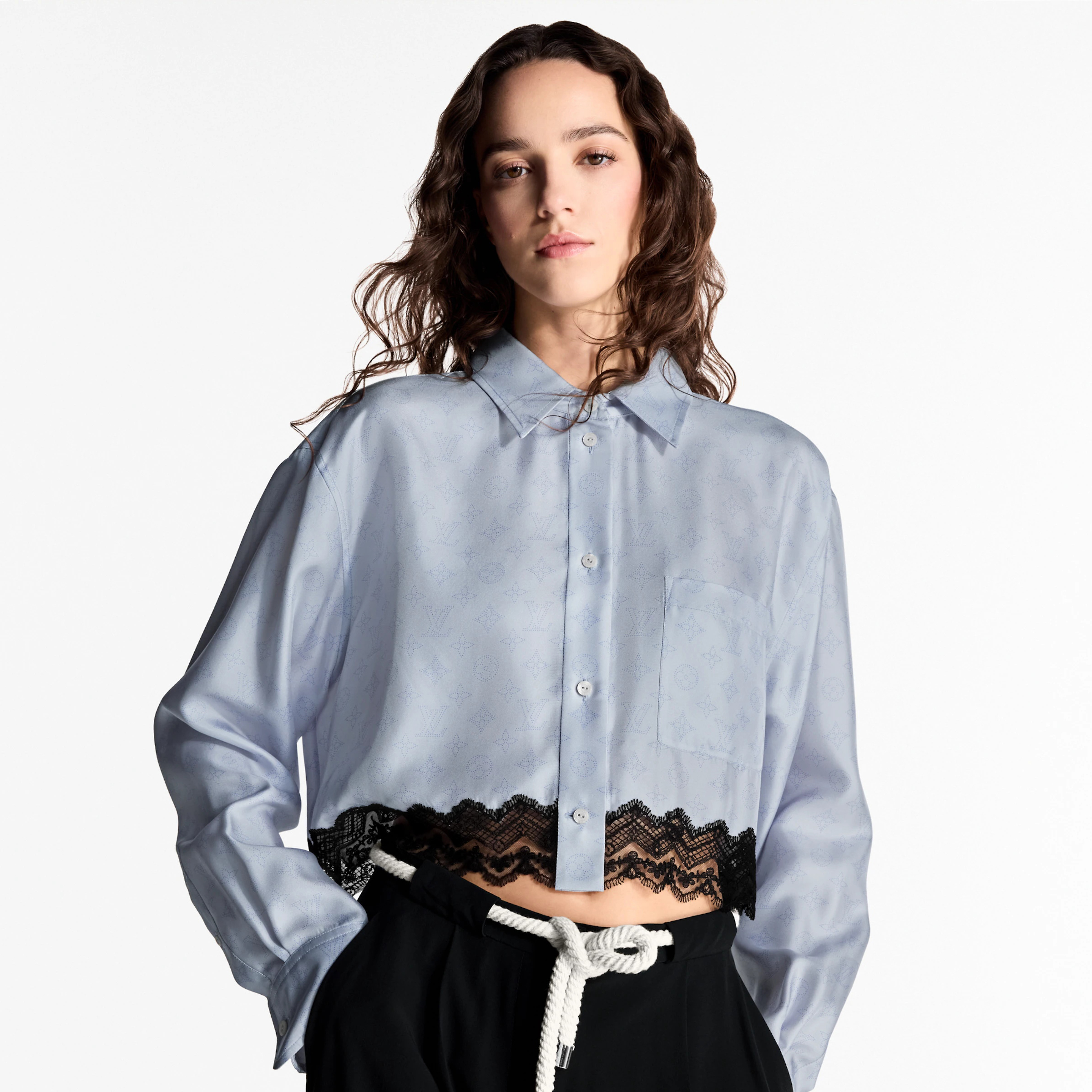 NIGO Louis Vuitton Women's Spring And Summer Solid Color Skeleton Printing Lace Trim Single Breasted Long Sleeved Silk Shirt Drawstring Tie Casual Pants Suit Set #nigo76125