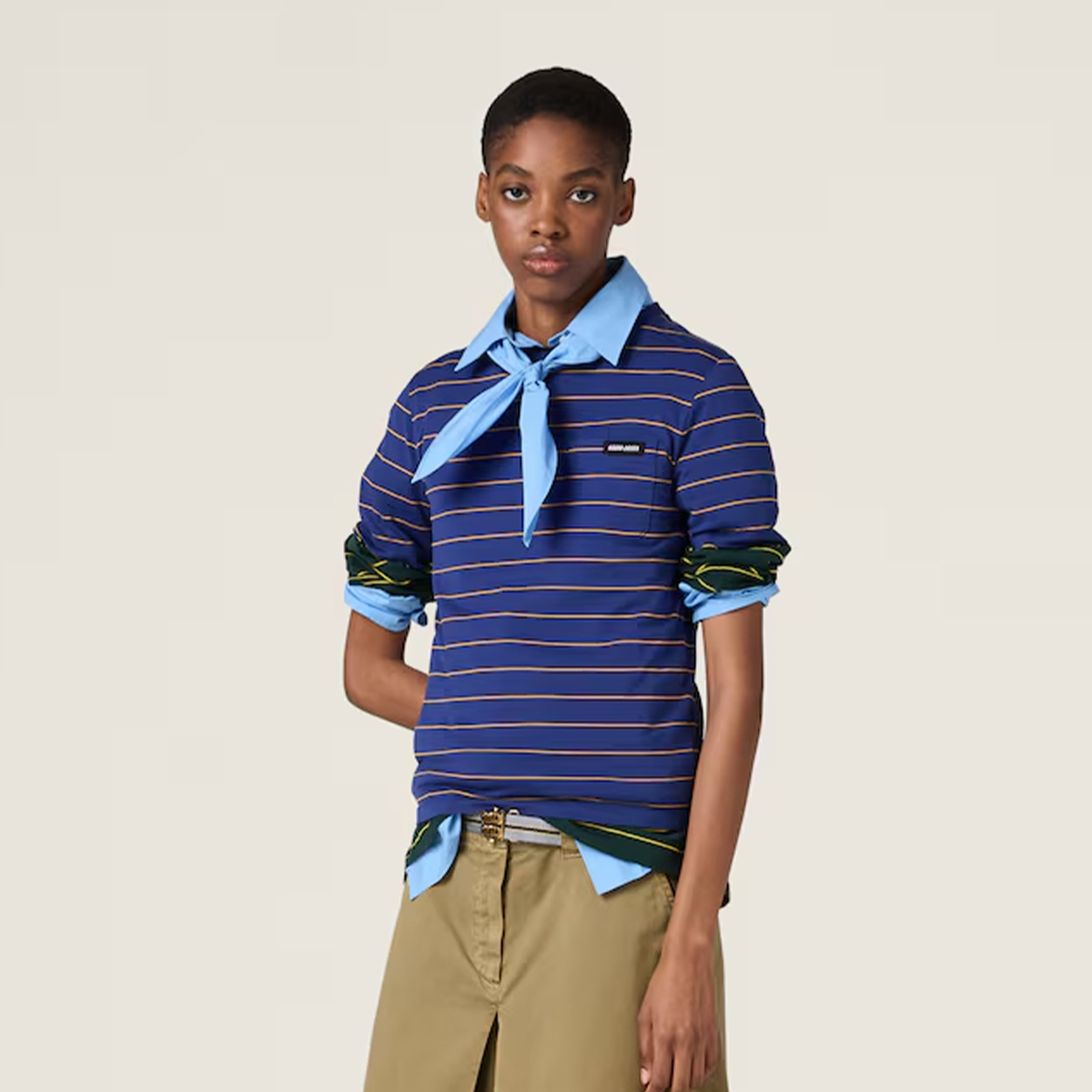 NIGO MiuMiu Women's Color Blocking Striped Logo Summer Round Neck Solid Color Knit Short Sleeve Jersey T-shirt #nigo76113