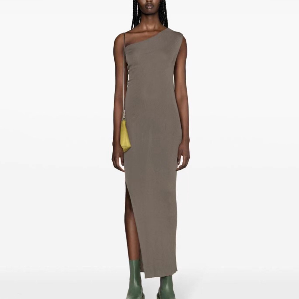 NIGO Rick Owens Women's Summer Slant Shoulder Slim Wool Side Slit Sleeveless Solid Color Dresses #nigo81161