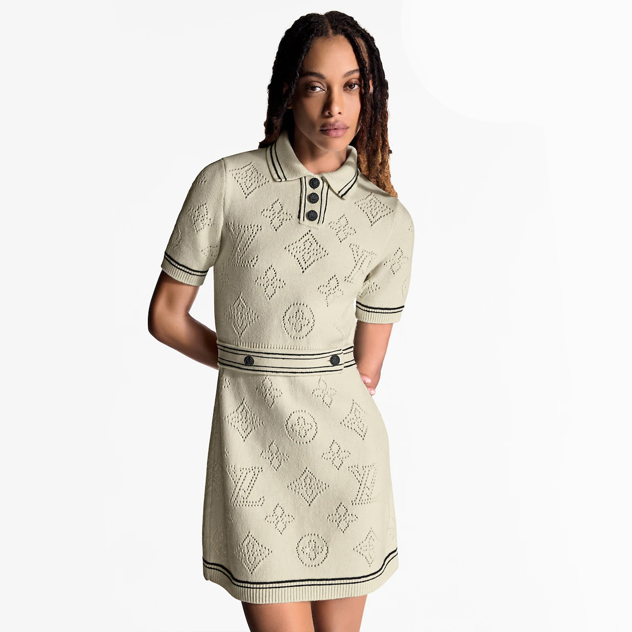 NIGO Louis Vuitton Women's Spring And Summer Hollow Monogram Jacquard Knitted Dress Lapel Polo Fashion Trend Modern Dresses #nigo75995