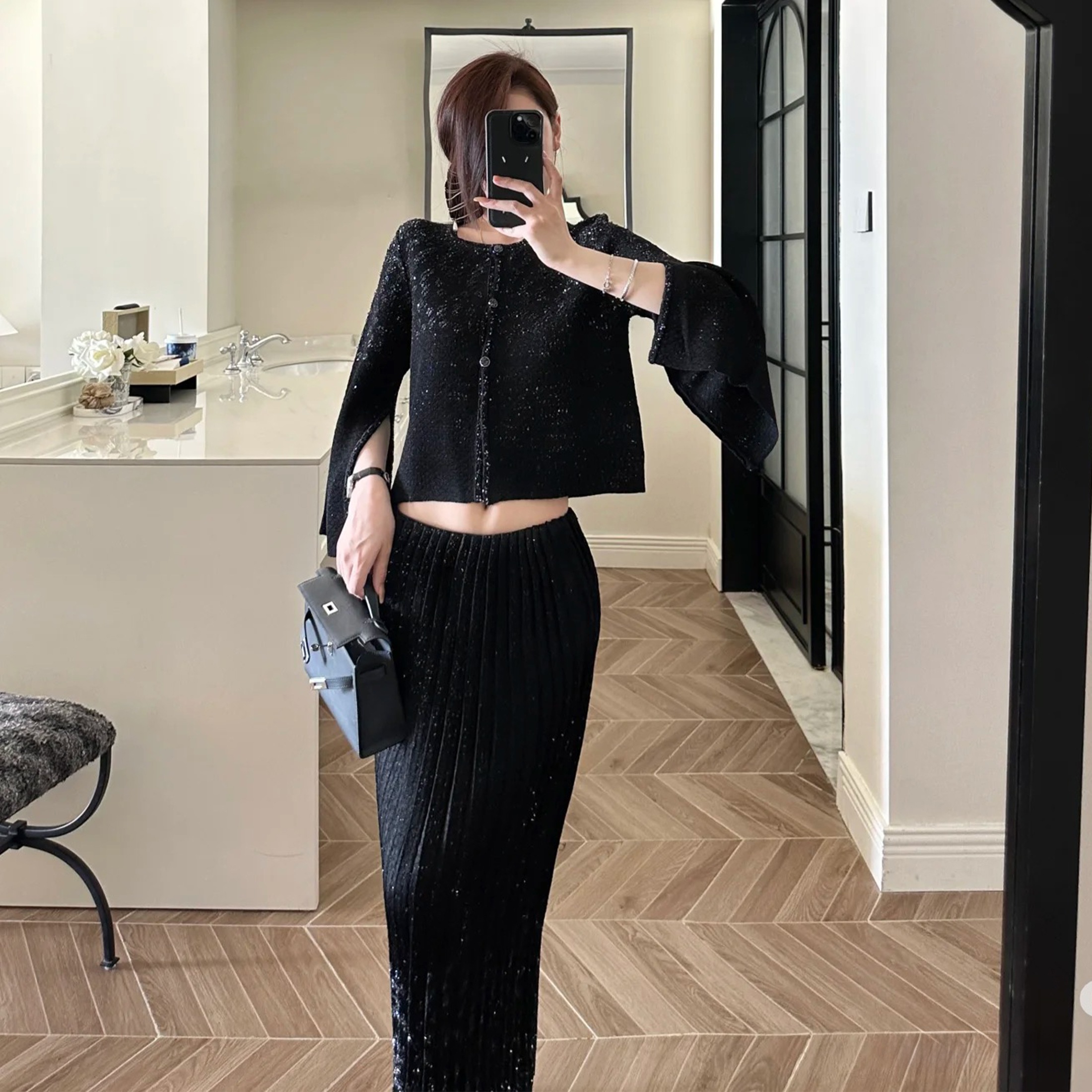 NIGO Chanel Women's Spring And Summer Black Temperament Elegant Cape Short Sequins Tweed Jacket Long Straight Thin Long Skirt Suit Set Ngvp #nigo1345