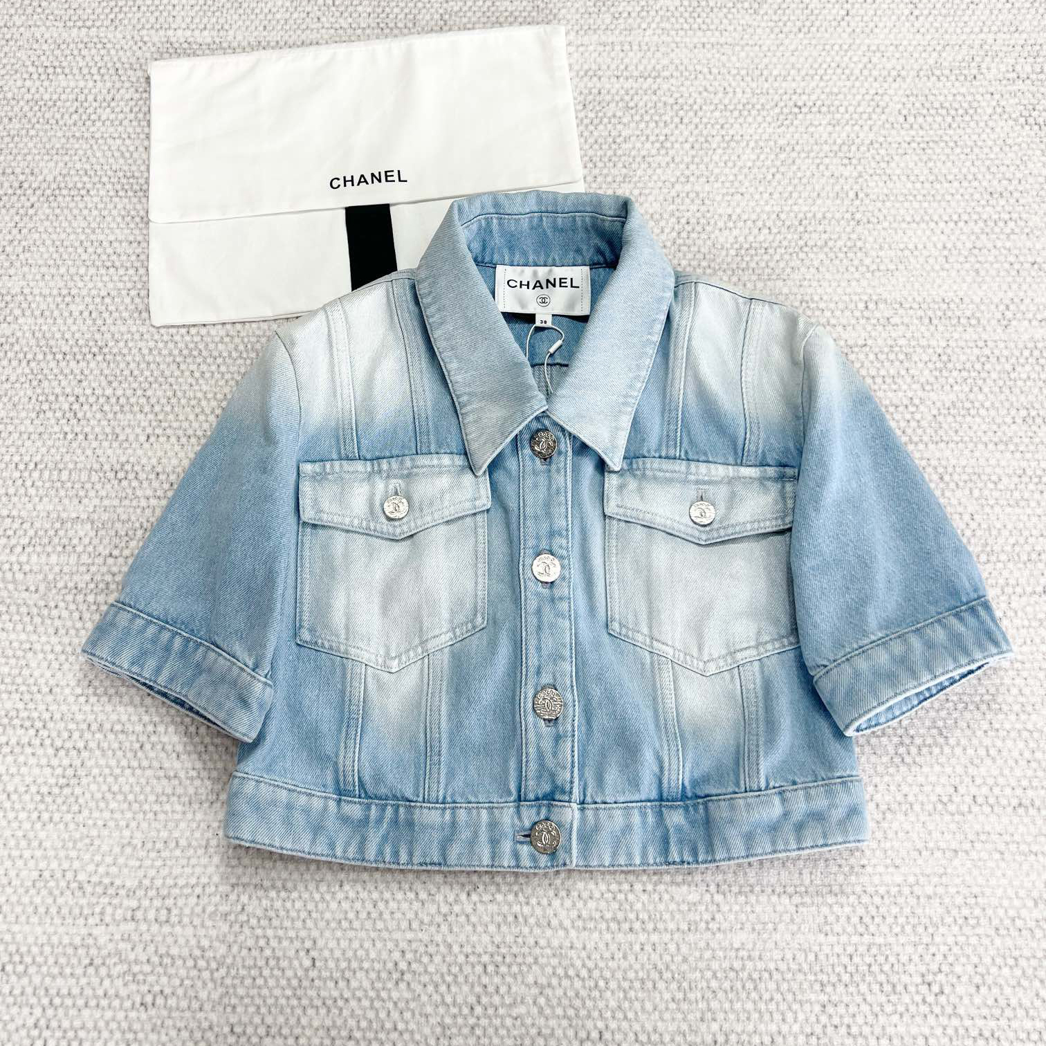 NIGO Chanel Women's Spring And Summer Blue Washed Lapel Single Breasted Short Short Sleeved Denim Jacket Casual Jeans Pants Suit Set #nigo76159