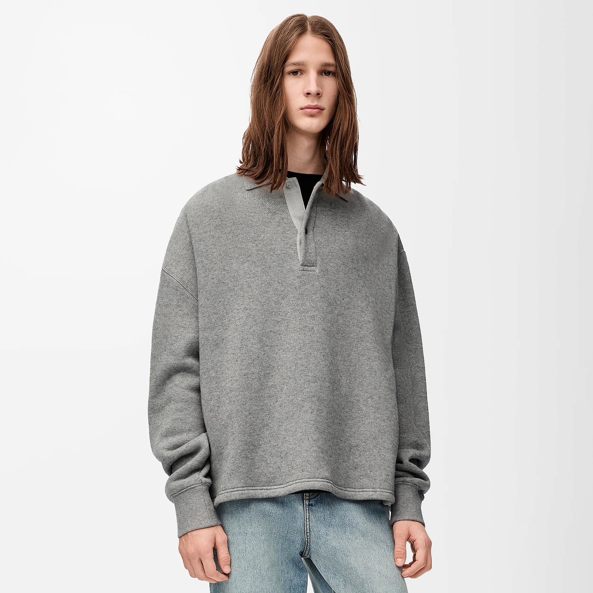 NIGO Loewe Men's Spring and Autumn Gray Drop Shoulder Asymmetric Button Polo Collar Long Sleeve Sweatshirt #nigo76163