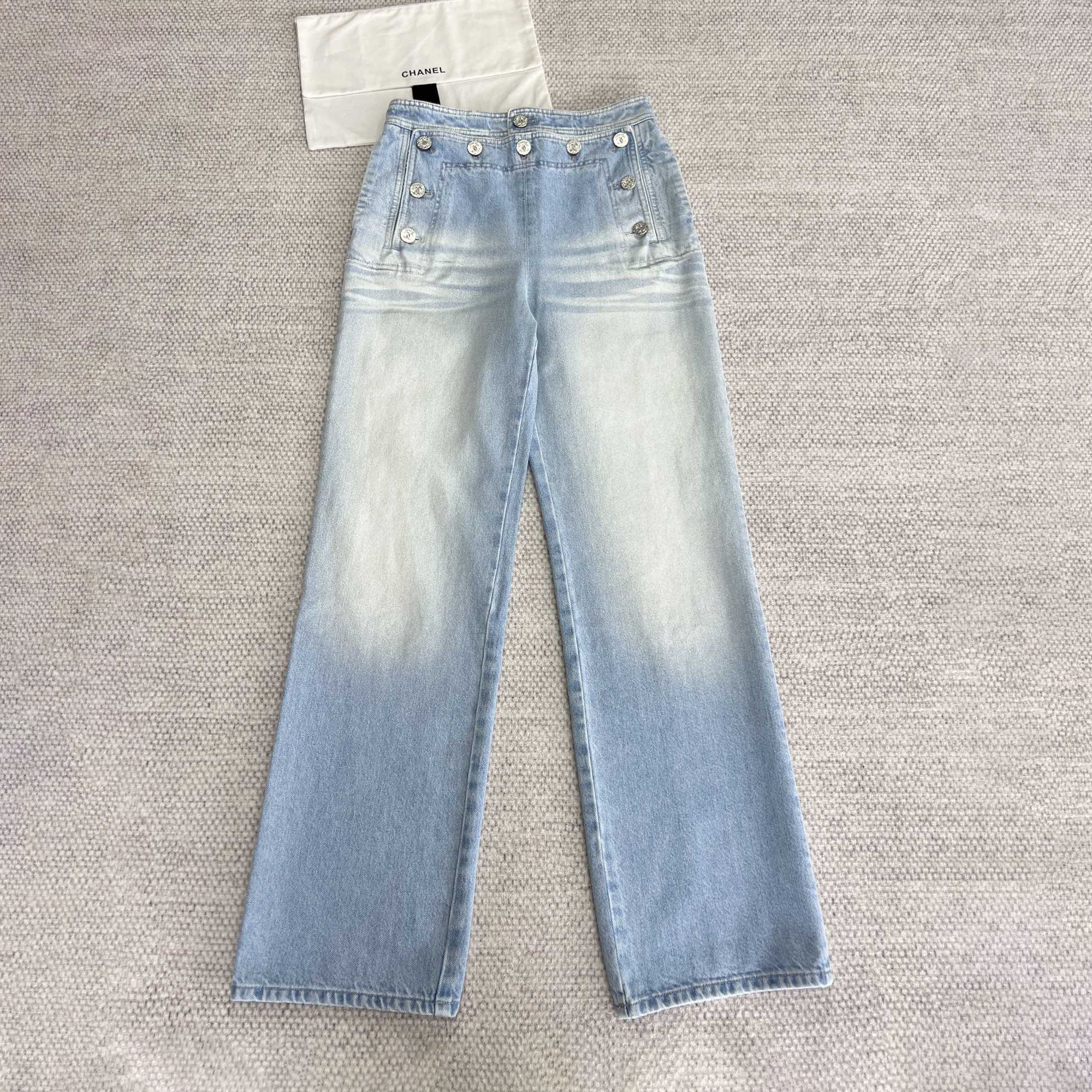 NIGO Chanel Women's Spring And Summer Blue Washed Lapel Single Breasted Short Short Sleeved Denim Jacket Casual Jeans Pants Suit Set #nigo76159