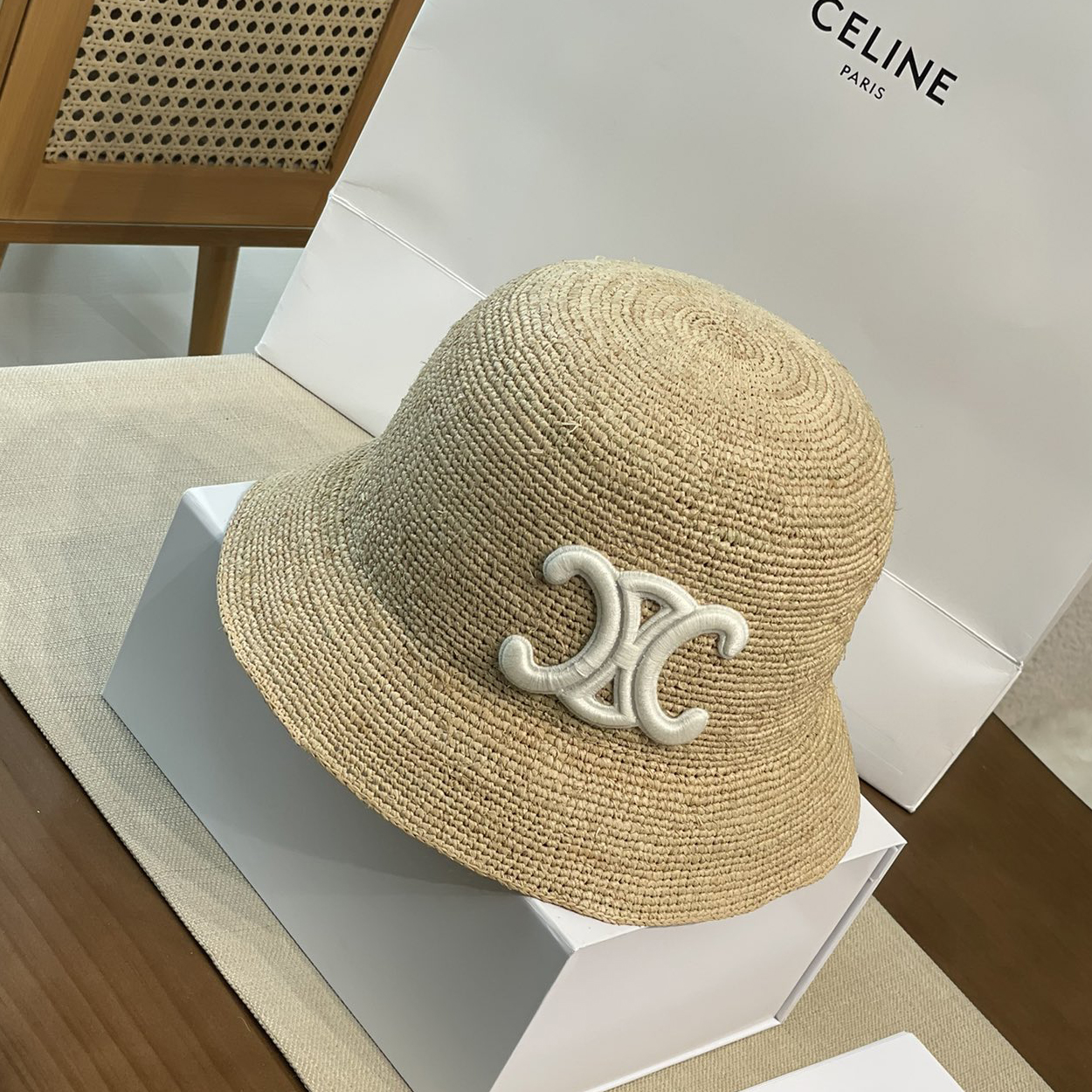 NIGO Celine Men's and Women's Embroidered Logo Pattern Khaki Raffia Woven Fisherman's Hat Cap #nigo76174