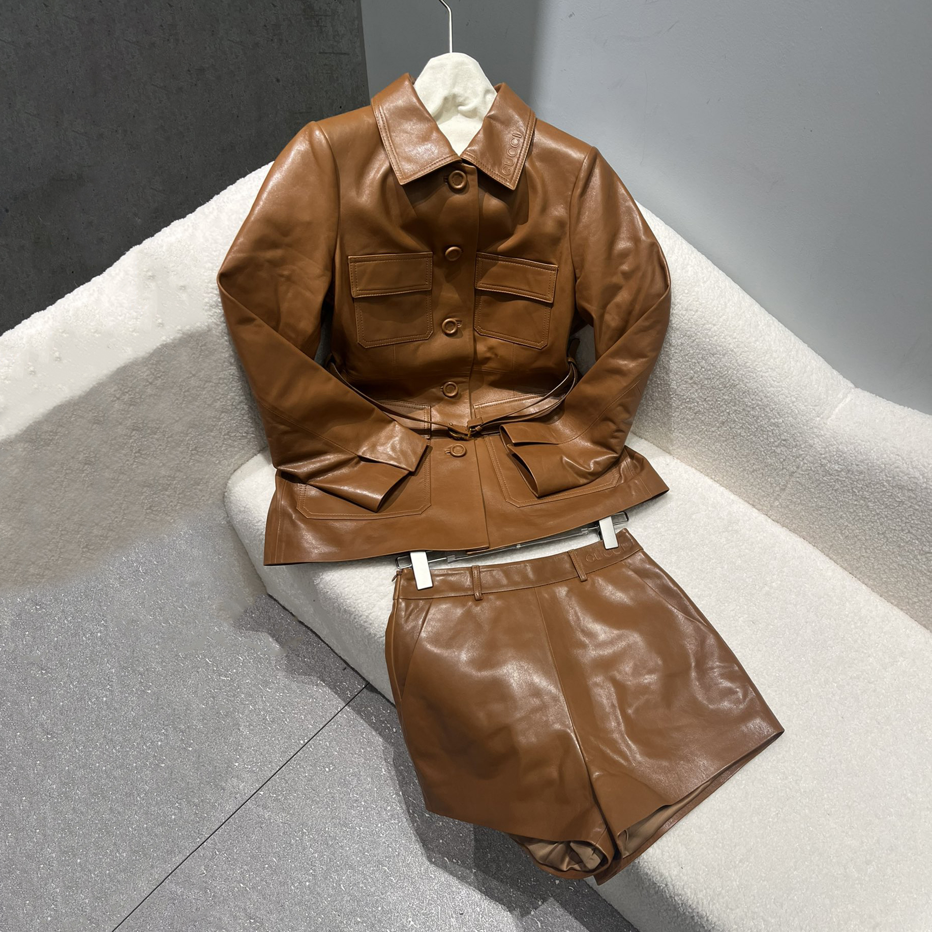 NIGO Gucci Women's Spring And Autumn Solid Color Single Breasted Drawstring Leather Long Sleeved Jacket Casual Shorts Suit Set #nigo76167