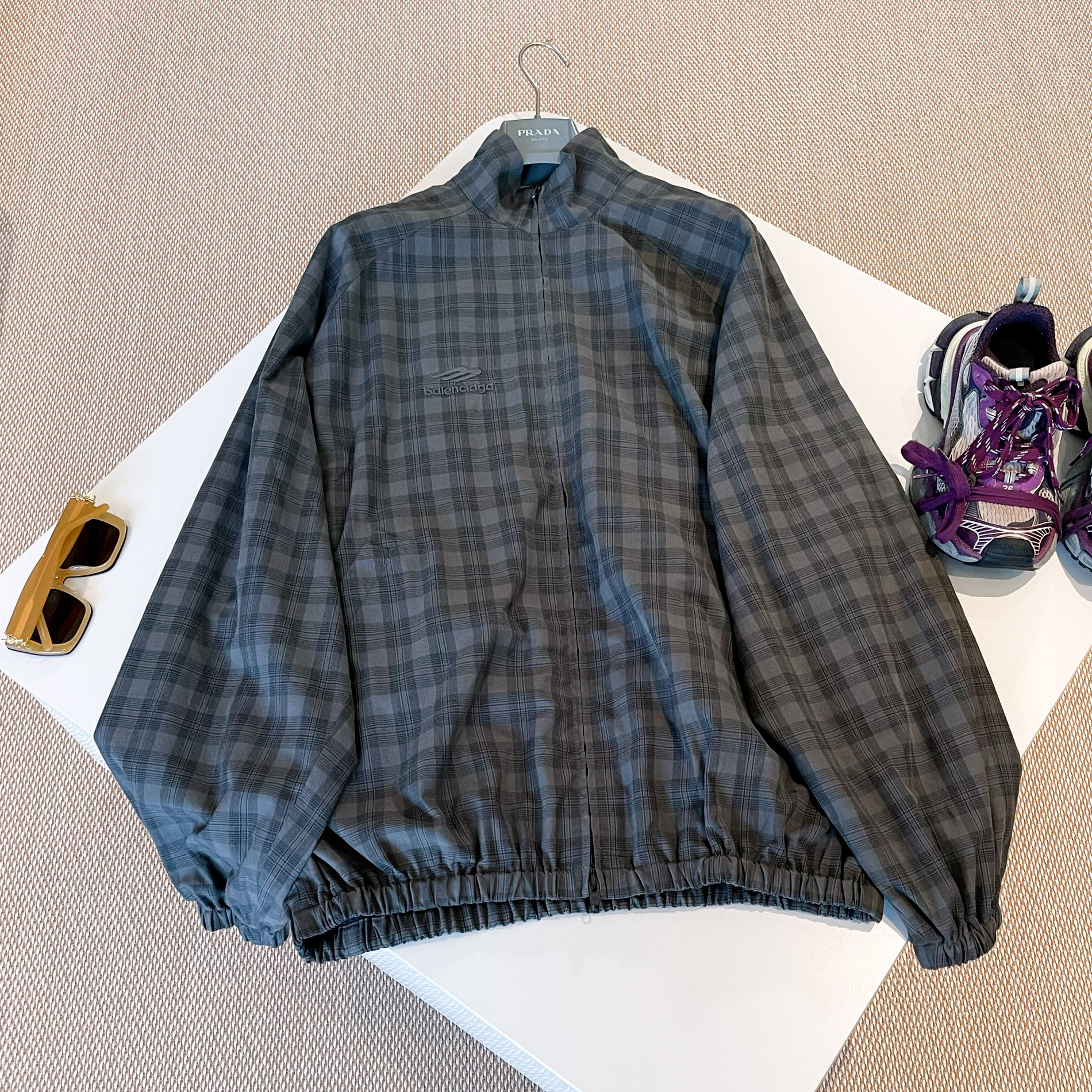 NIGO Balenciaga Men's and Women's Spring and Autumn Gray Checkered Printed Embroidered Logo Printed Zipper Long Sleeve Jacket #nigo76184