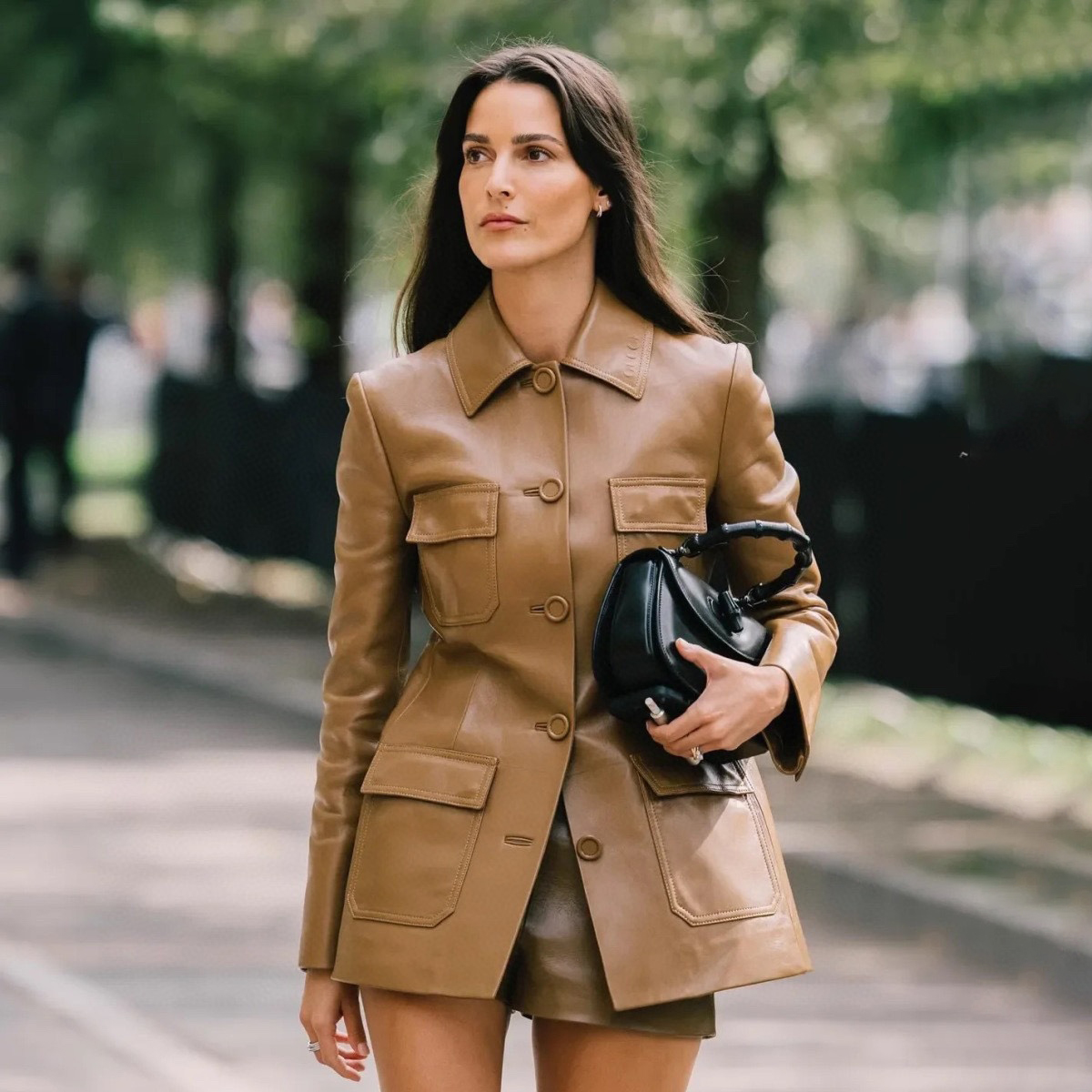 NIGO Gucci Women's Spring And Autumn Solid Color Single Breasted Drawstring Leather Long Sleeved Jacket Casual Shorts Suit Set #nigo76167