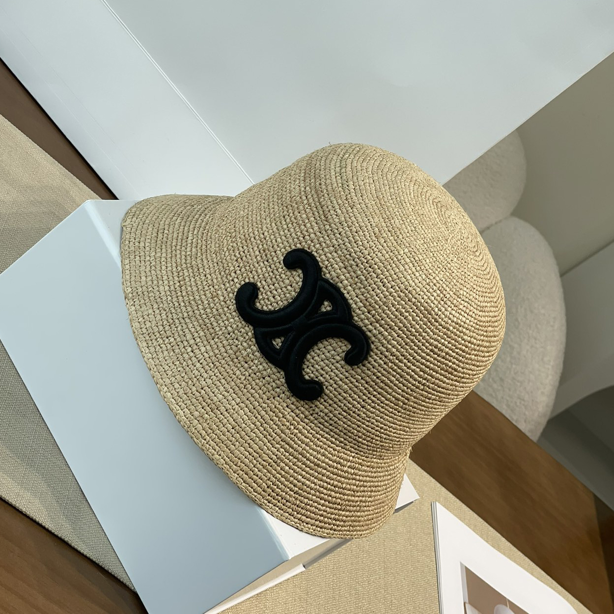 NIGO Celine Men's and Women's Embroidered Logo Pattern Khaki Raffia Woven Fisherman's Hat Cap #nigo76174