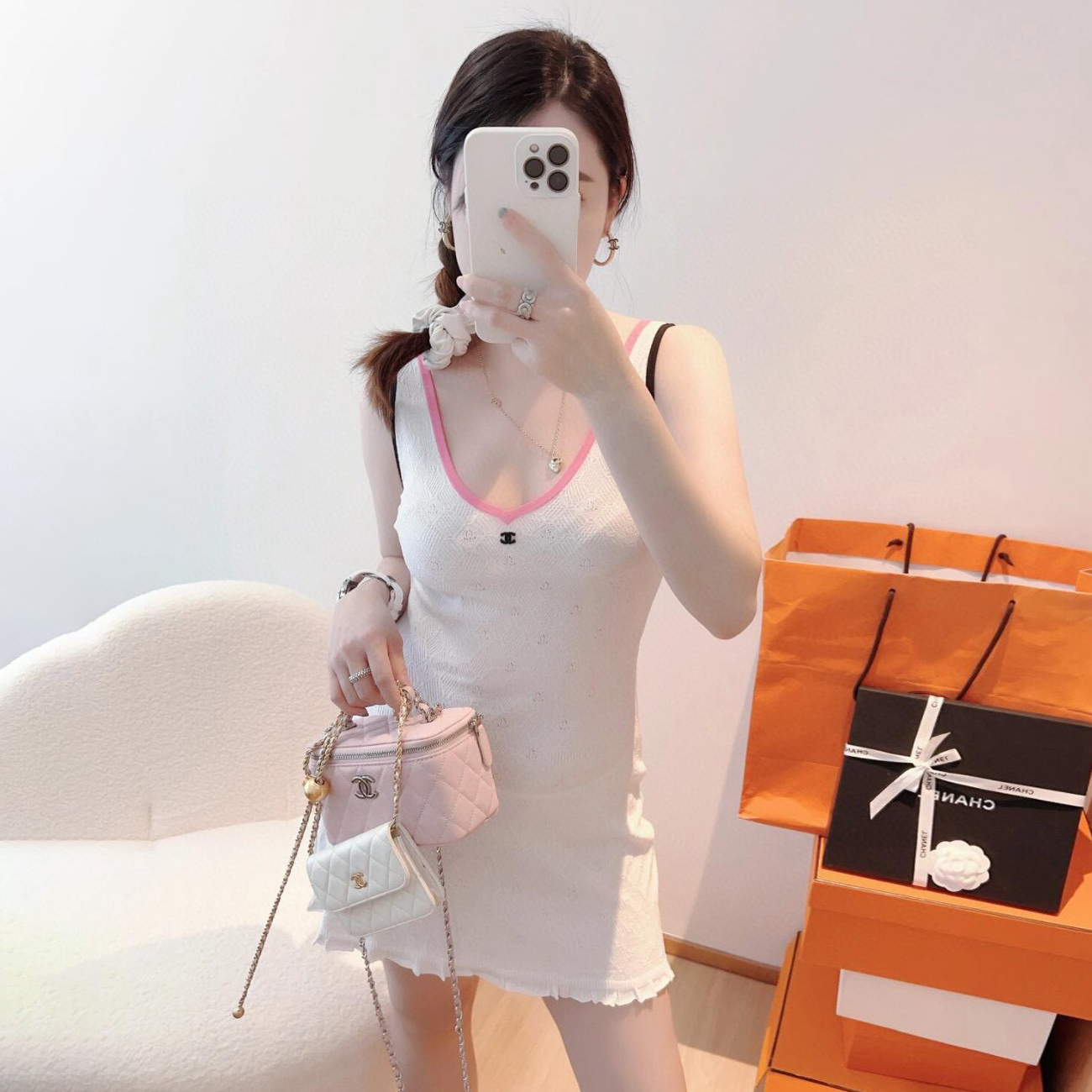 NIGO Chanel Women's Summer Solid Color V-Neck Waistband Sleeveless Halter Dresses #nigo76243