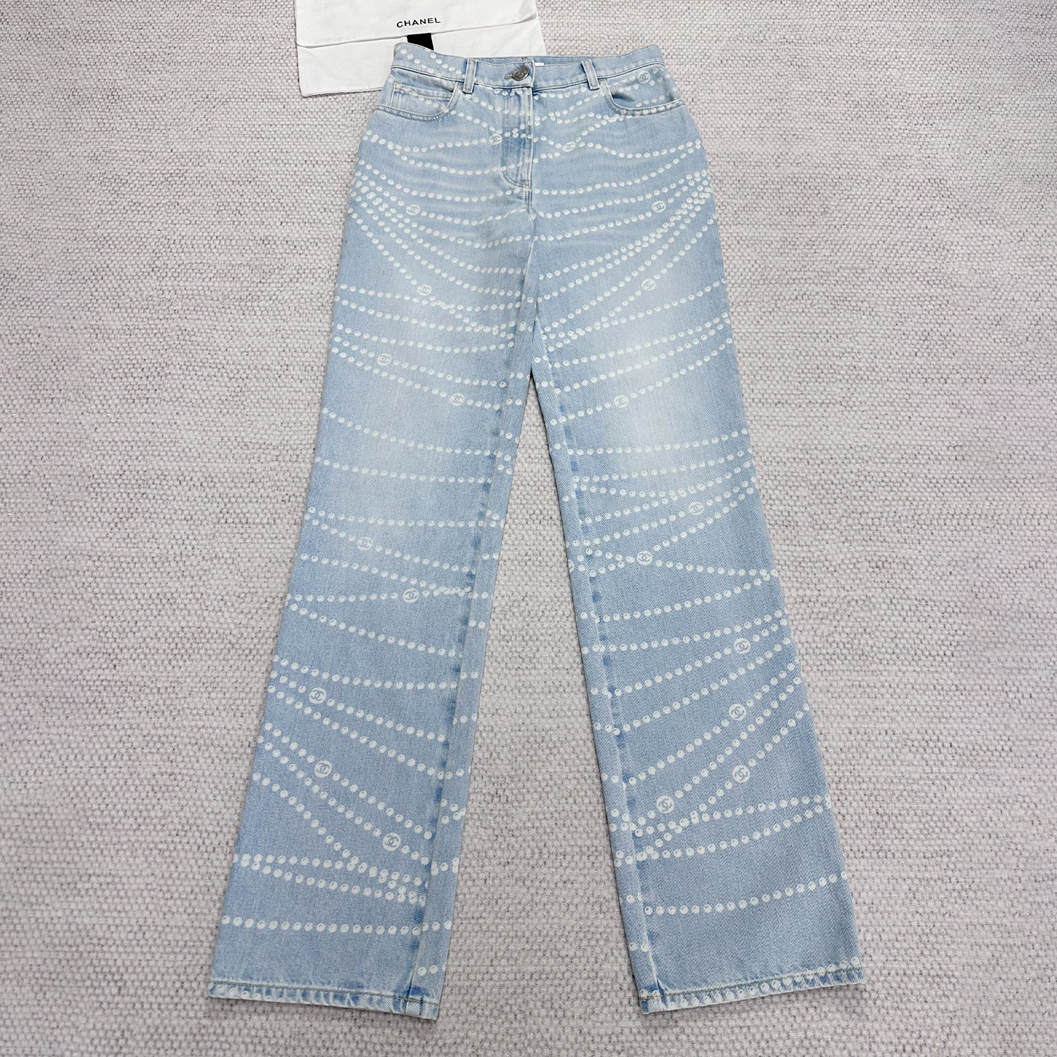 NIGO Chanel Women's Four Seasons Pearl Chain Print Cotton Casual Solid Color Straight Jeans Denim Pants #nigo76229