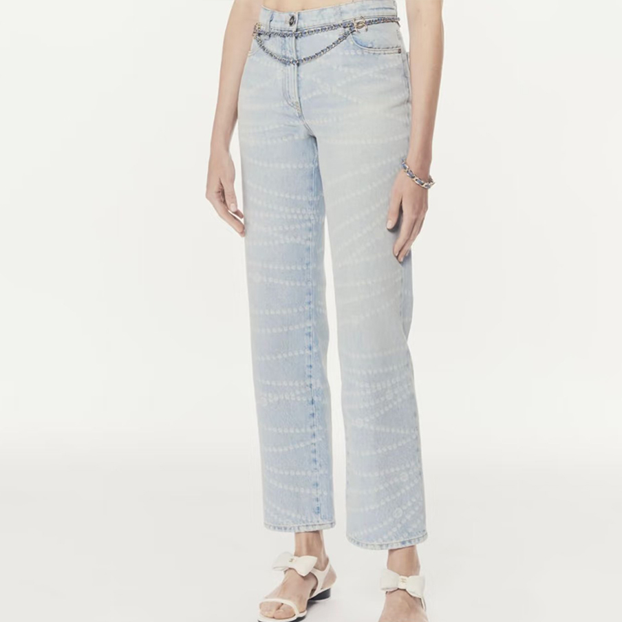 NIGO Chanel Women's Four Seasons Pearl Chain Print Cotton Casual Solid Color Straight Jeans Denim Pants #nigo76229