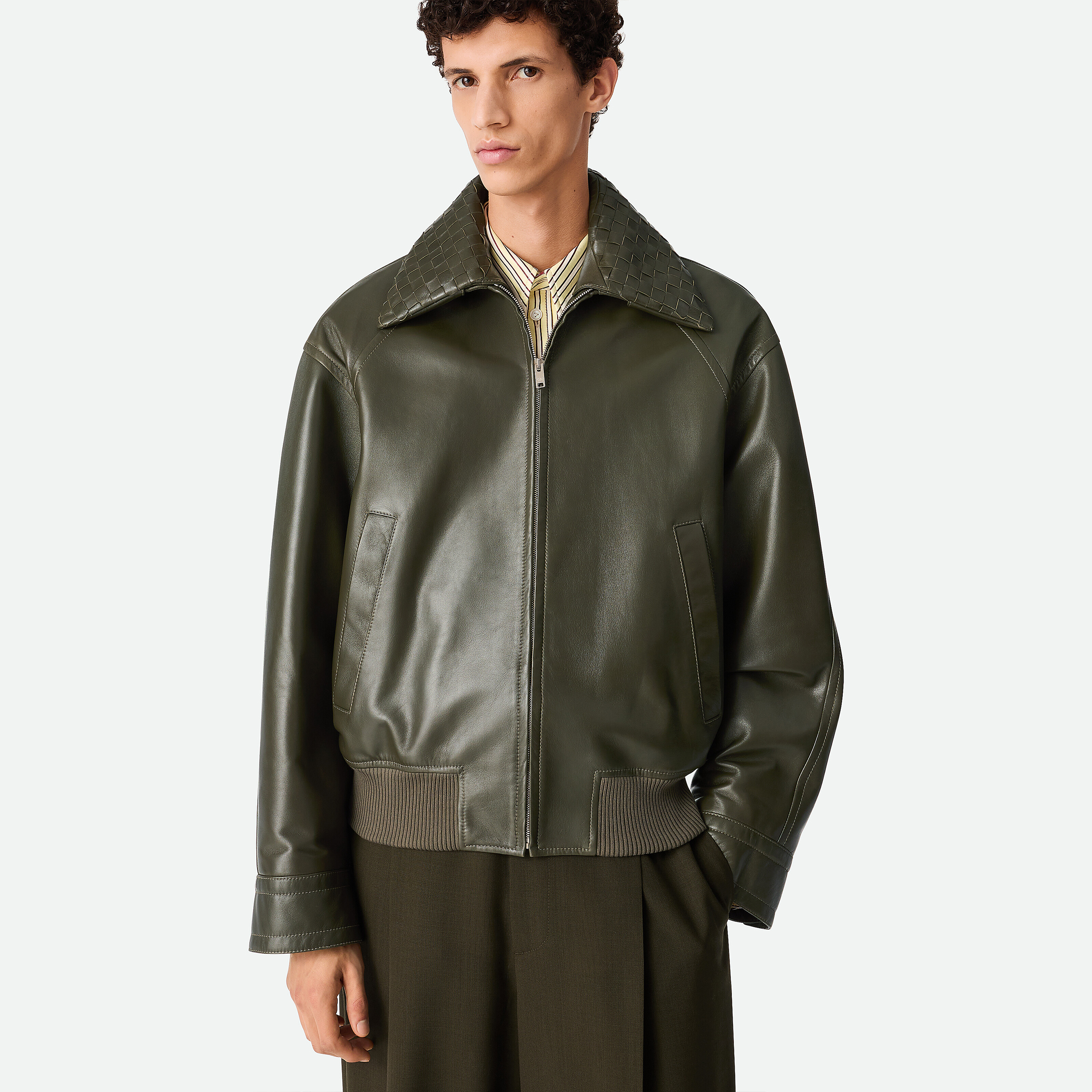 NIGO Bottega Veneta Men's Spring And Autumn Woven Lapel Zipper Solid Color Leather Long Sleeve Jacket Ngvp #nigo1412