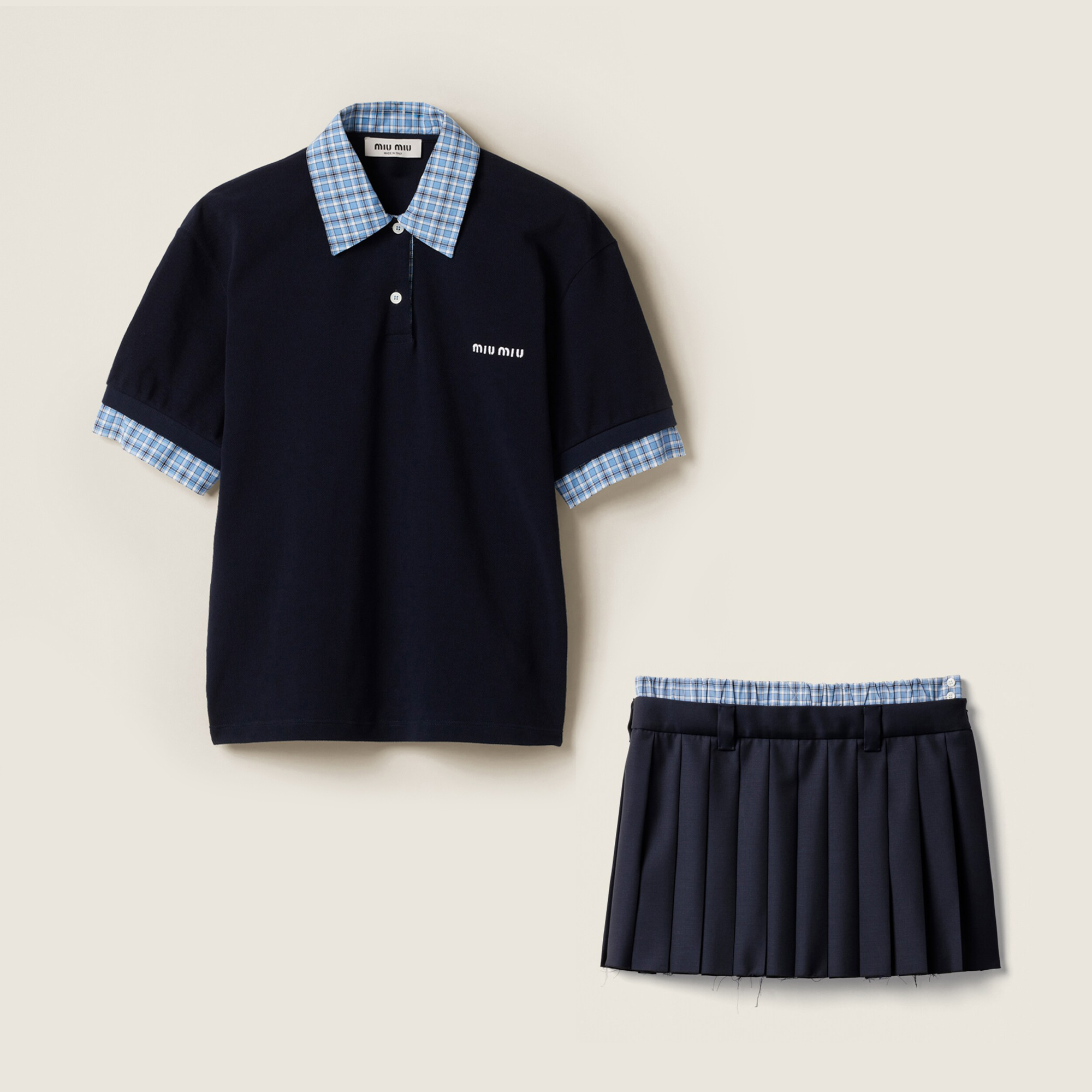 NIGO MiuMiu Women's Summer Plaid Print Splicing Polo Collar Cotton Short Sleeved T-shirt Embroidery Letter Print Casual Skirt Suit Set #nigo76251