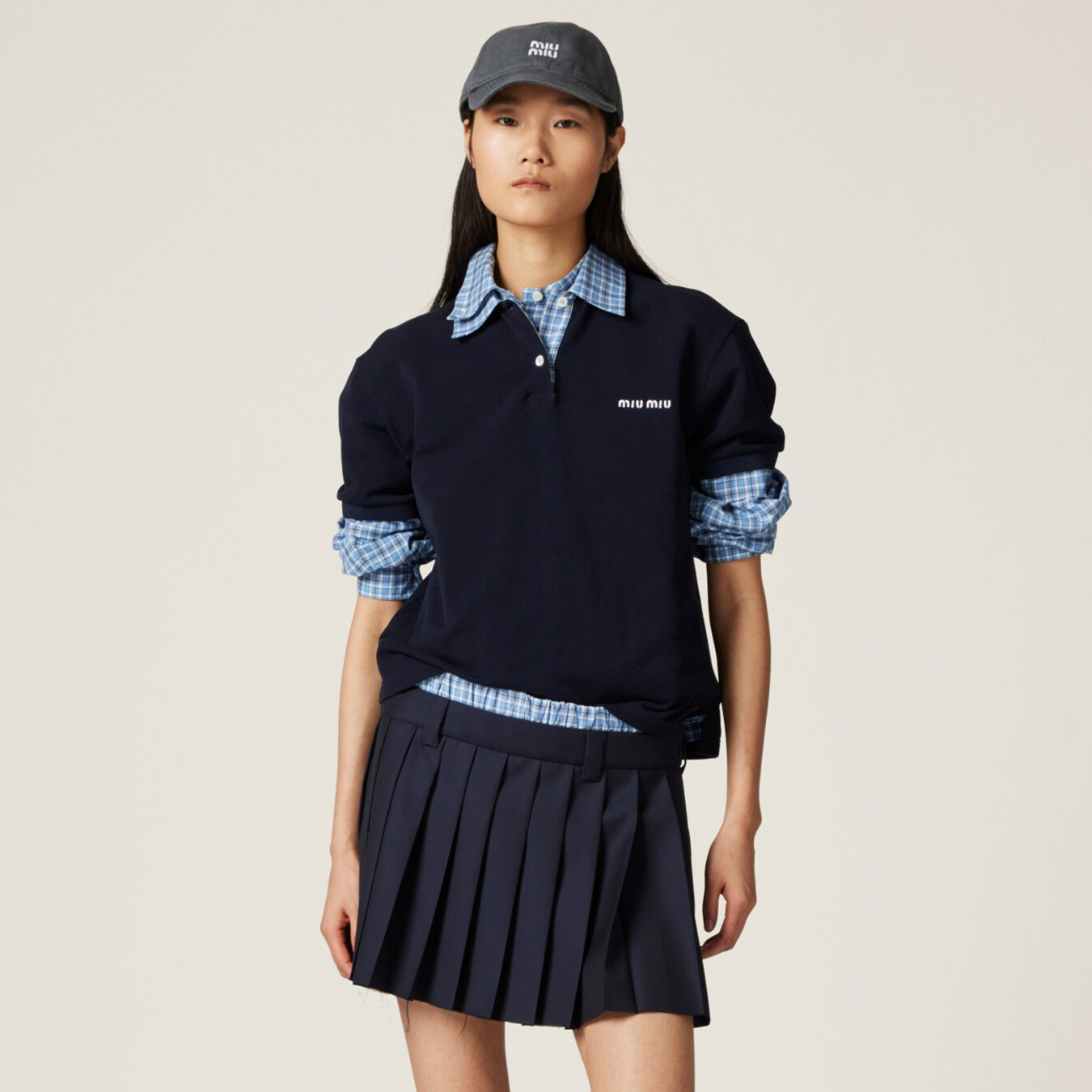 NIGO MiuMiu Women's Summer Plaid Print Splicing Polo Collar Cotton Short Sleeved T-shirt Embroidery Letter Print Casual Skirt Suit Set #nigo76251