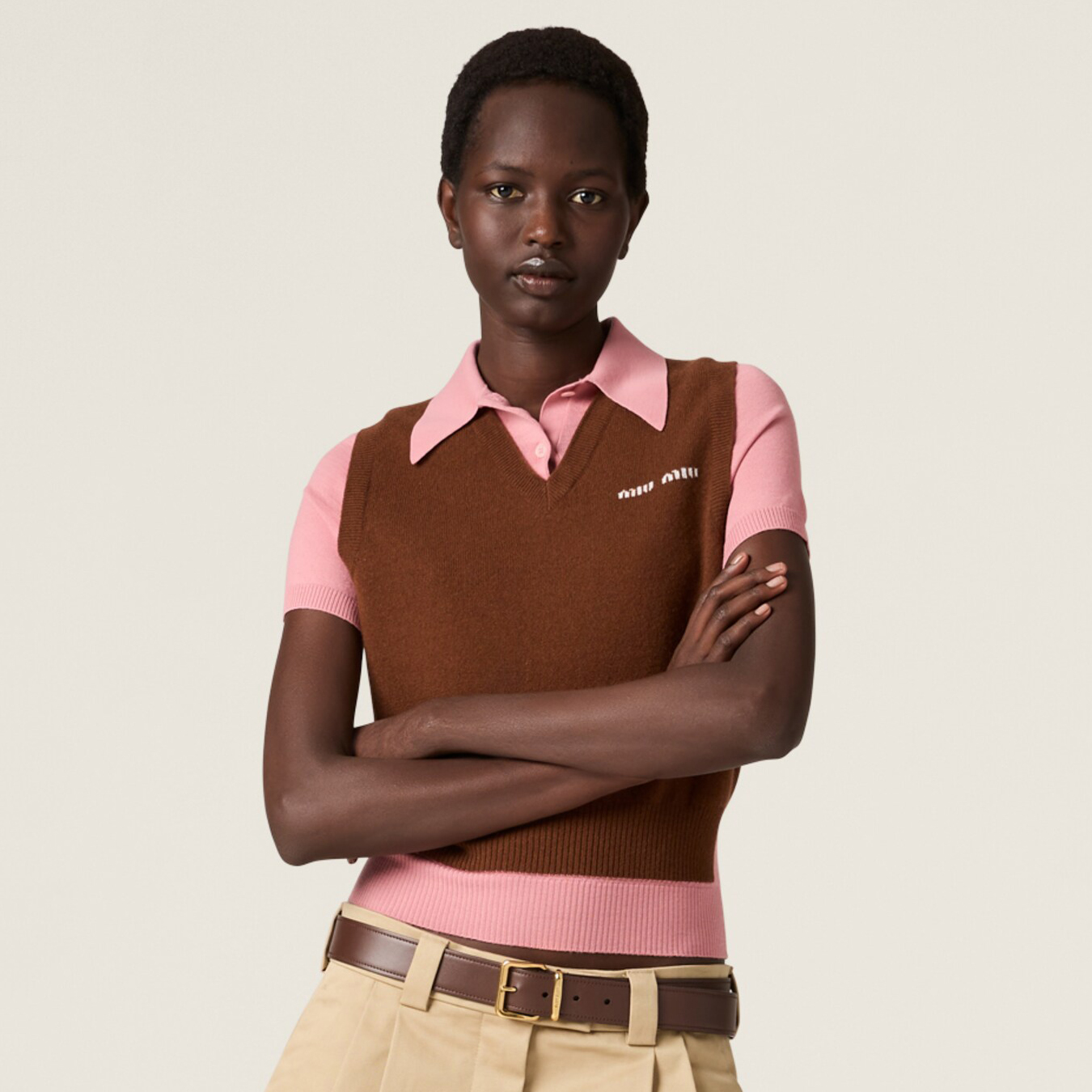 NIGO MiuMiu Women's Colorblocked Knit Loose Short Sleeve Polo Neck Knit Sweater #nigo76256