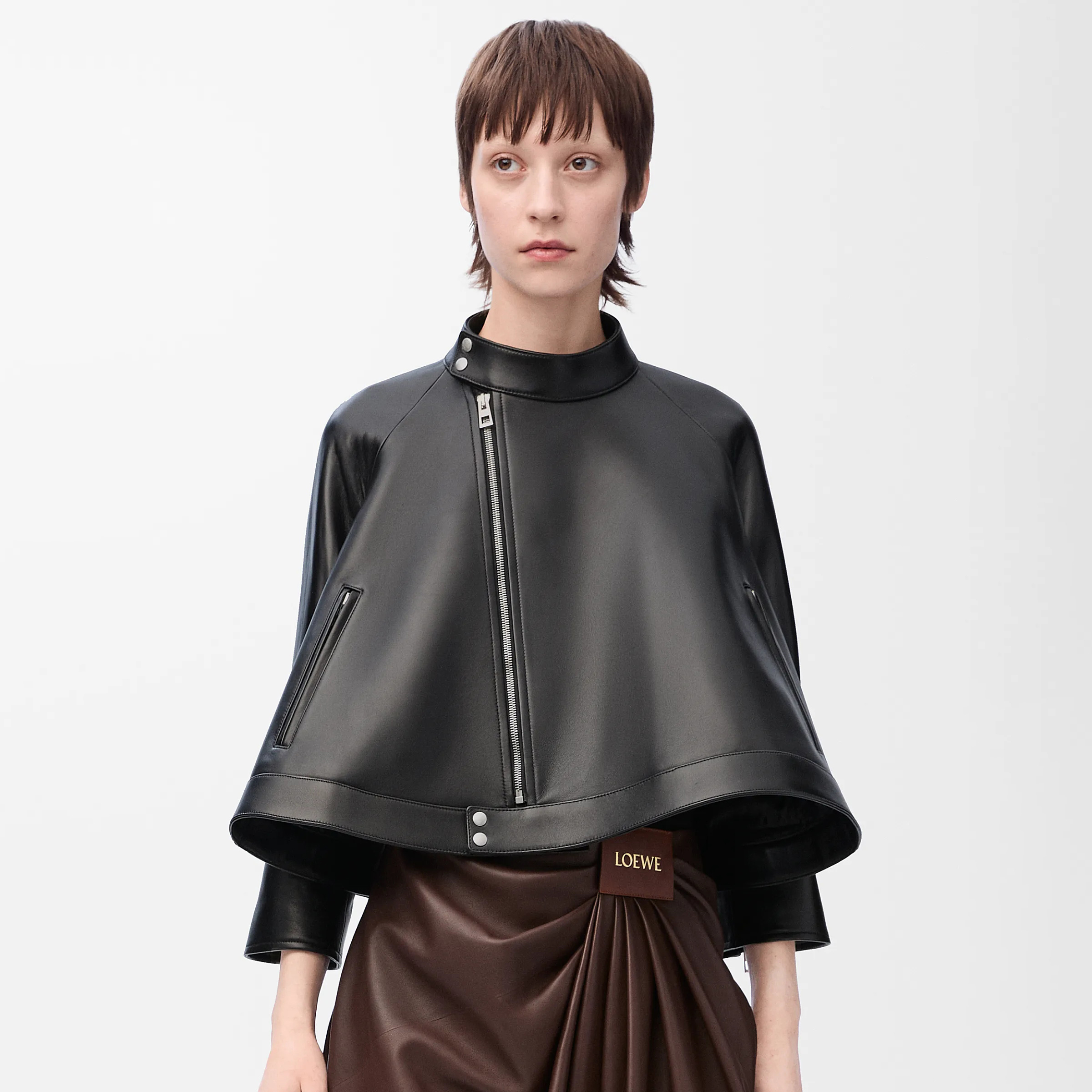 NIGO Loewe Women's Spring and Autumn Solid Color Asymmetric Zipper Leather Jacket #nigo76259