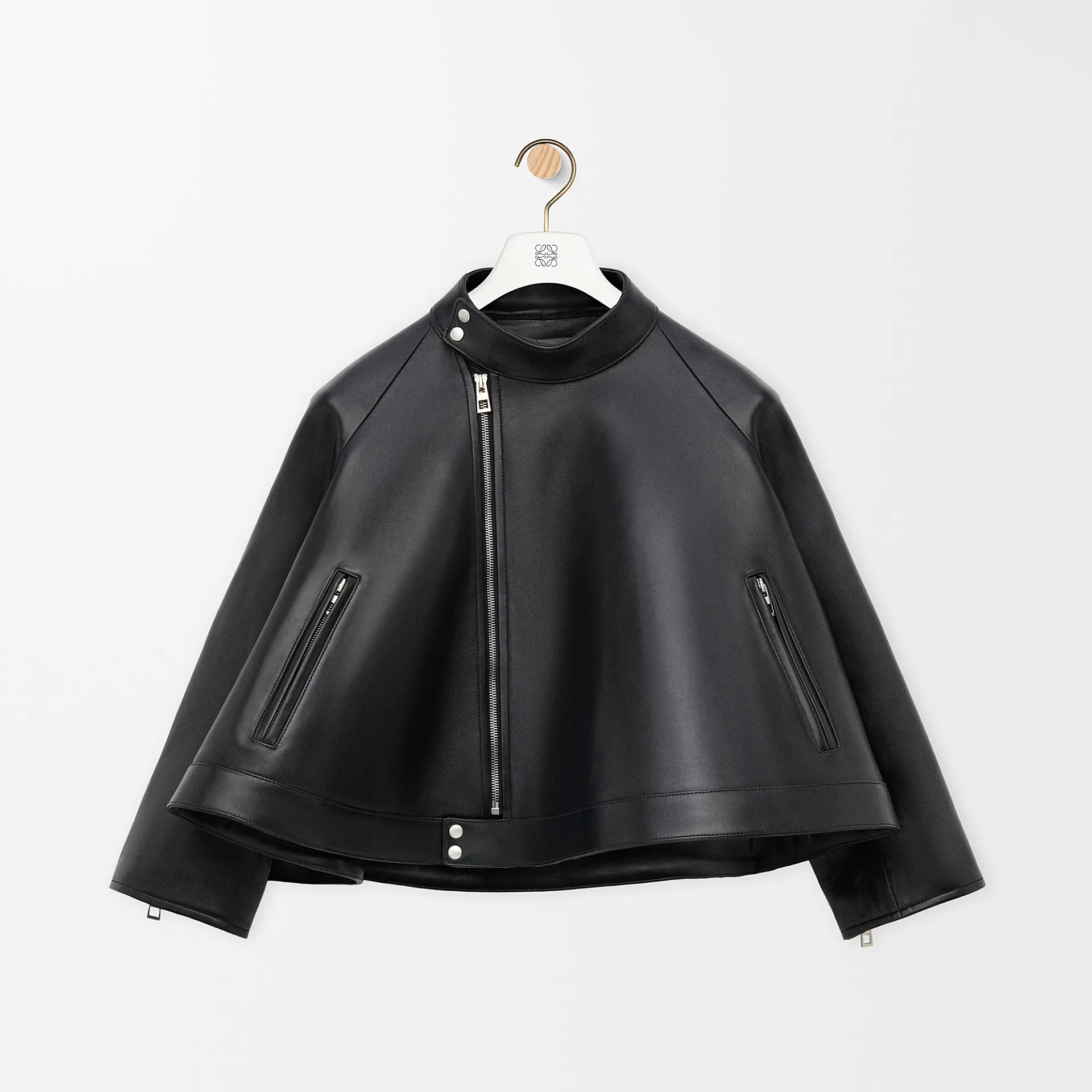 NIGO Loewe Women's Spring and Autumn Solid Color Asymmetric Zipper Leather Jacket #nigo76259