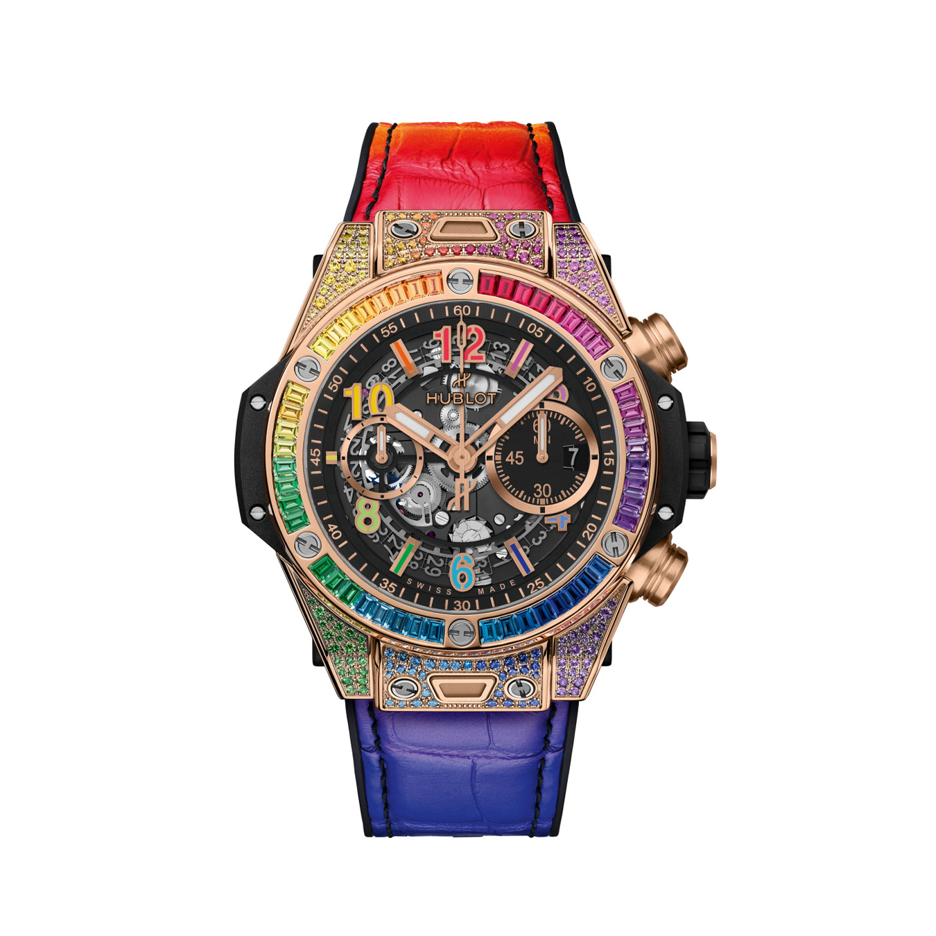 NIGO Hublot Men's Automatic Mechanical Movement Date Display Chronograph Skeleton with Colorful Diamonds Watch #nigo76264