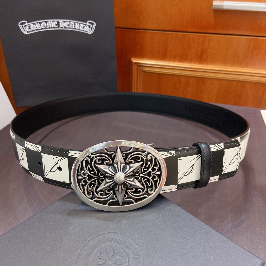 NIGO Chrome Hearts Men's Logo Leather Belt Pure Copper Thick Gold Plated 3.8cm Wide Belt Jewelry #nigo76288