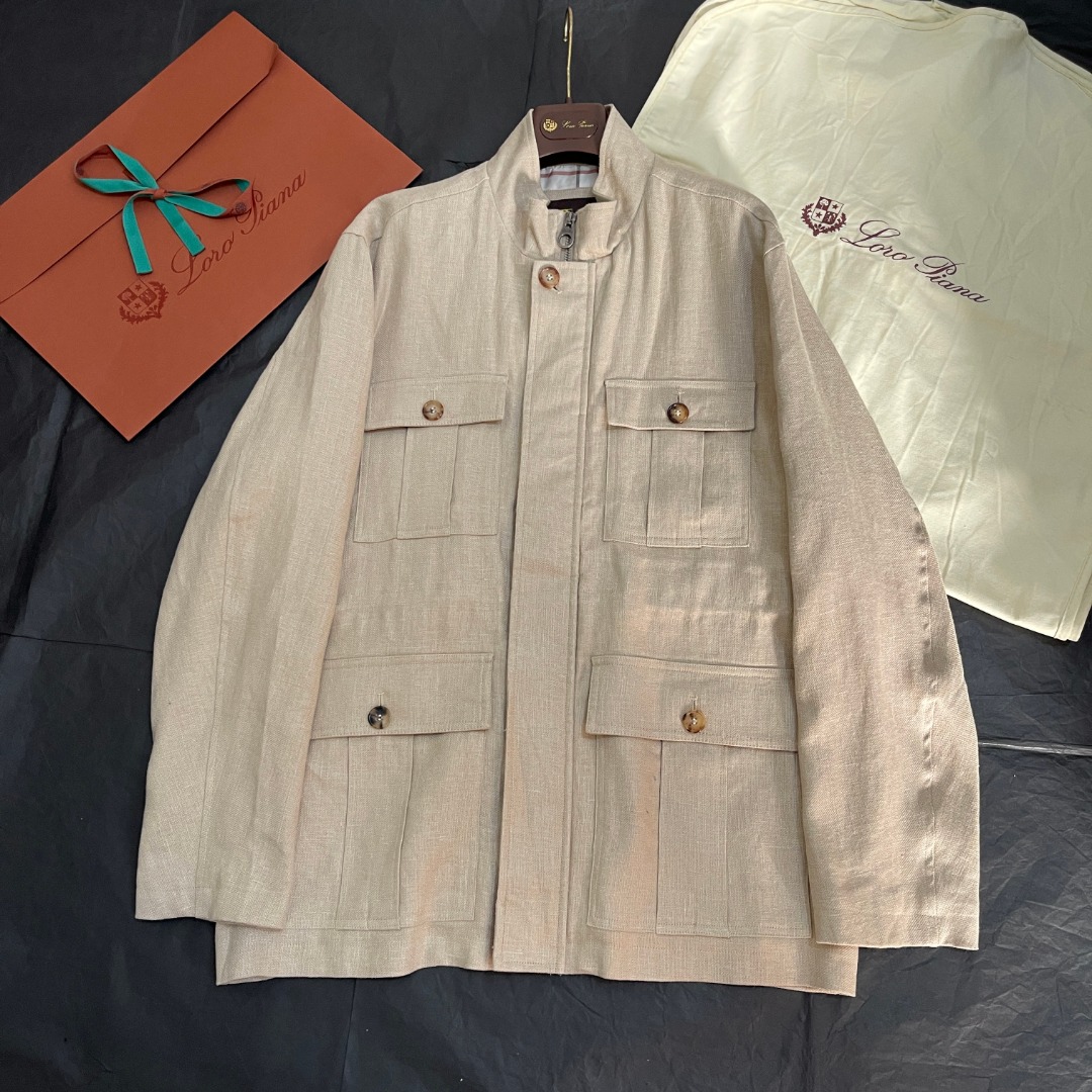 NIGO Loro Piana Men's Spring and Autumn Solid Color Linen Standing Collar Design Four Pockets Workwear Zipper Long Sleeve Jacket #nigo76287