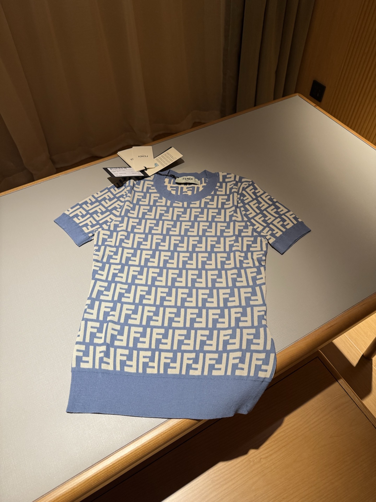 NIGO Fendi Women's Summer Blue and White FF Letter Print Round Neck Knit Short Sleeve T-Shirt #nigo76317