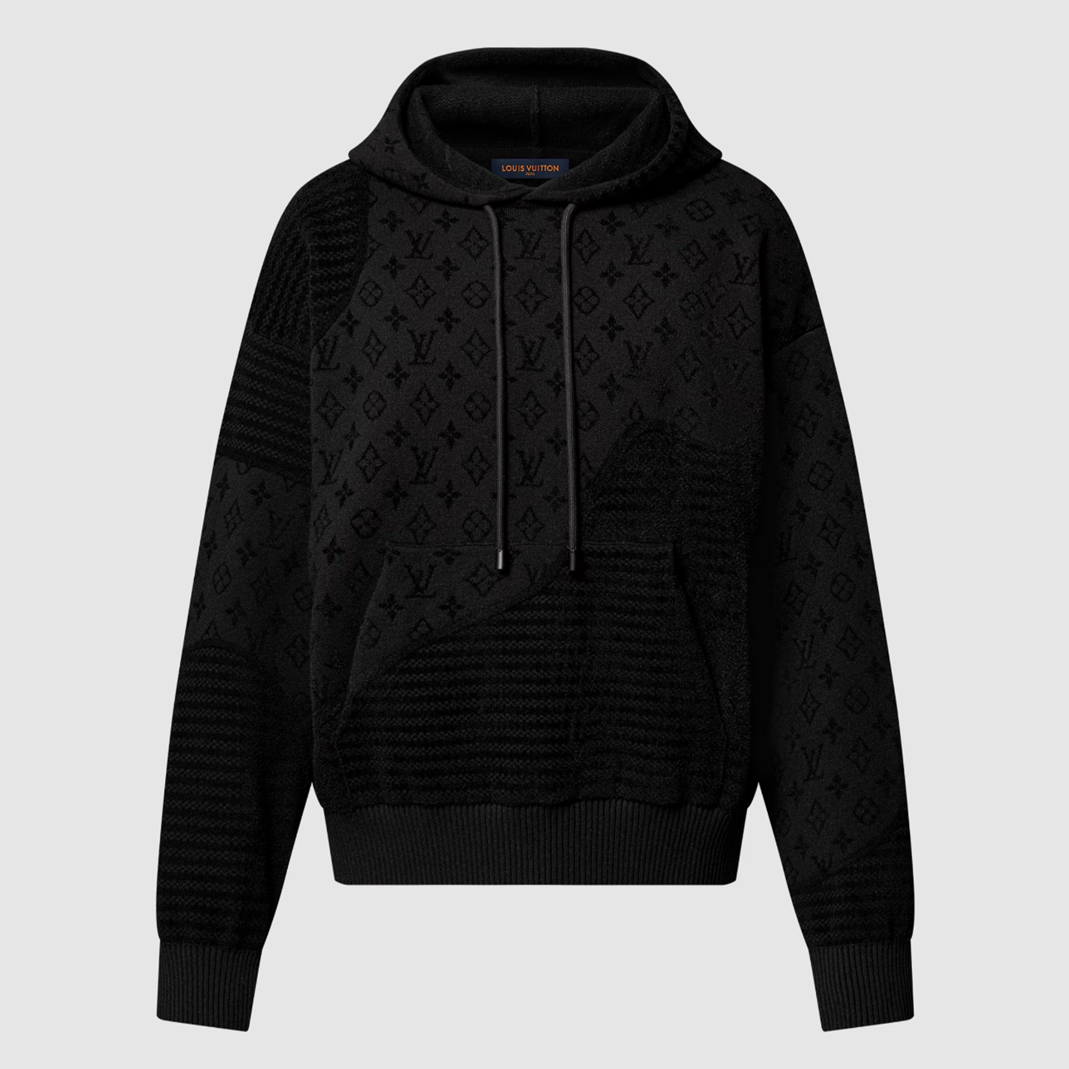 NIGO Louis Vuitton Men's Spring and Autumn Black Knitted Jacquard Patchwork Pullover Hoodie Monogram Velvet Stripe Long Sleeve Hooded Sweatshirt #nigo76342