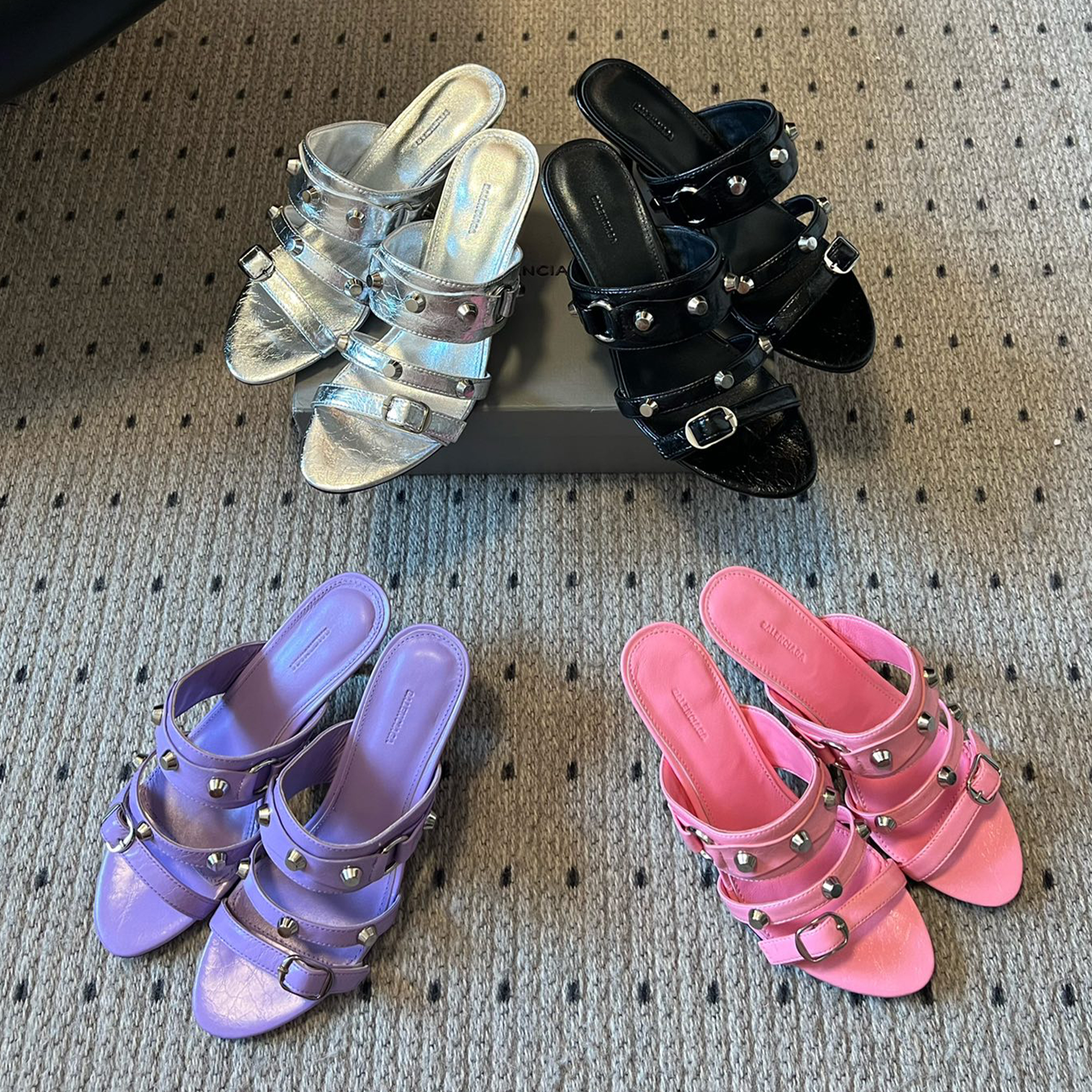 NIGO Balenciaga Women's Metal Rivet Decorated Sandals Fine Heeled High Heels Fashion Sexy Solid Colour Basic Slippers Shoes Heel High 8.5cm Ngvp #nigo1466